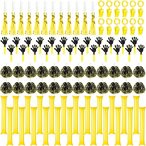 96 piezas de ruidos incluyen 24 pinzas de mano, 24 pompones de animadora con asa, 24 palitos de trueno, 12 silbatos de plástico con cordones, 12