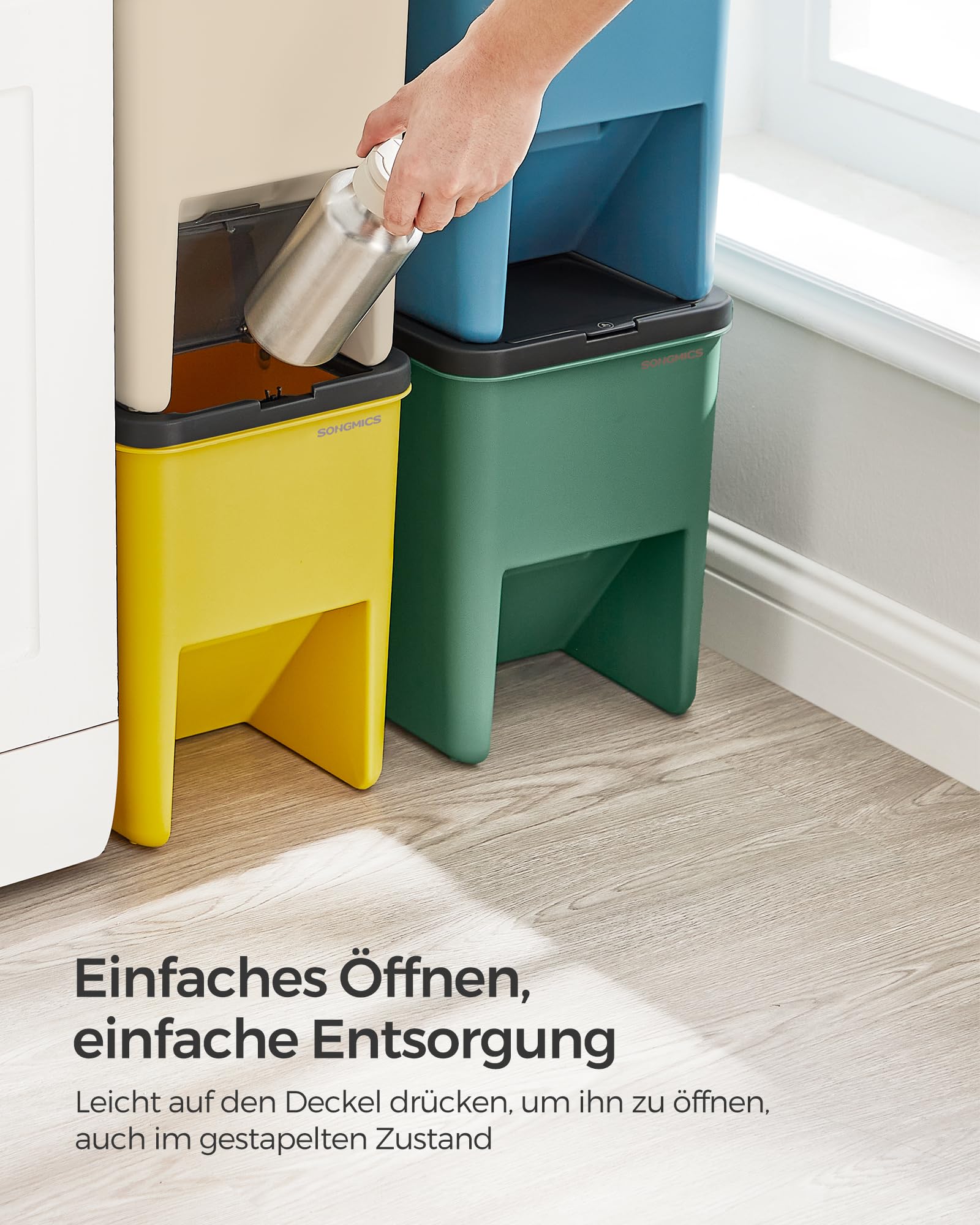 SONGMICS Mülleimer Küche, 4er Set Abfalleimer, Mülleimer stapelbar, je 20 L, Mülltrennsystem, Klappdeckel, mit Aufklebern, Aufbewahrungsbox, gelb, blau, beige und grün LTB760Q01