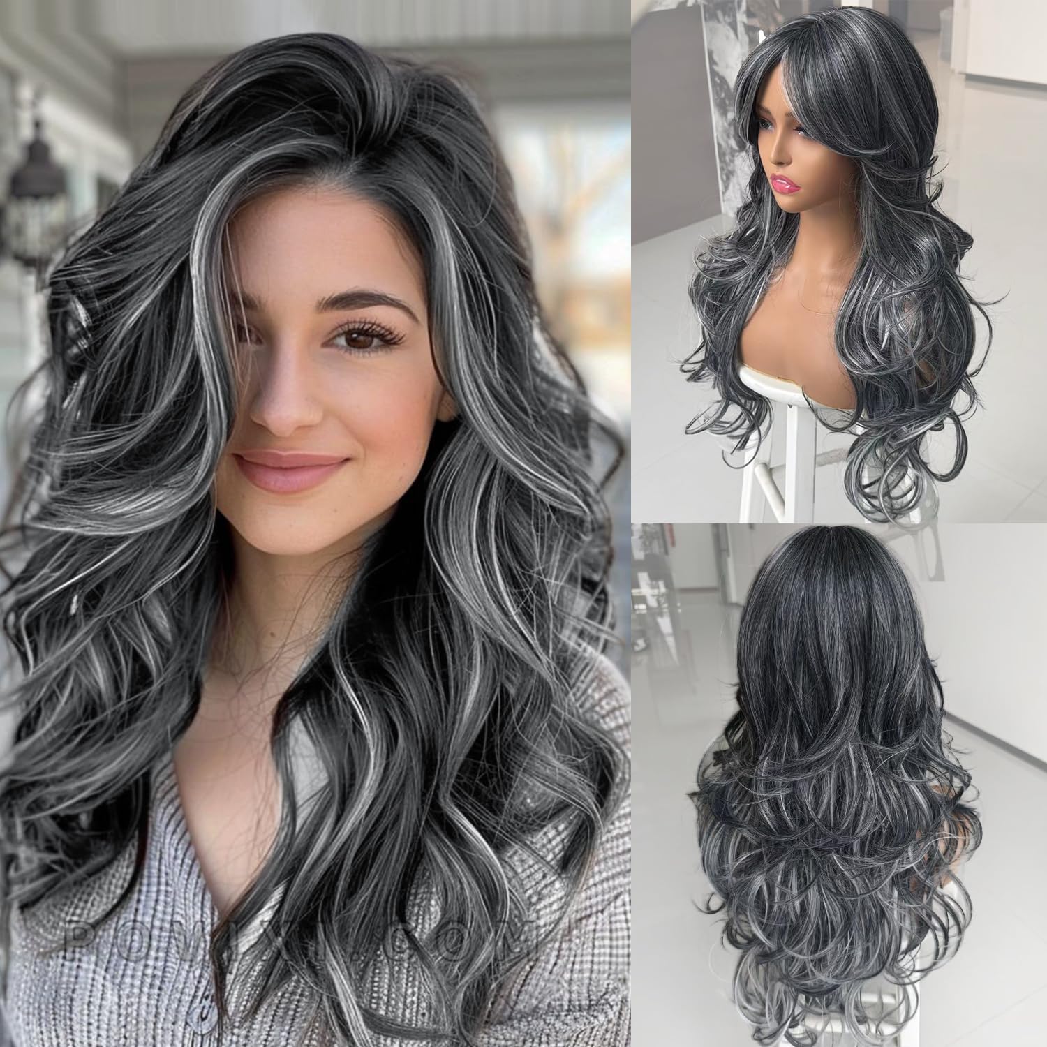 Dark Gray Highlight Wigs for Women Long Layered Wavy Wig with Curtain Bangs Synthetic Wig Black Mixd Dark Grey Highlight Curly Butterfly Shaggy Grey