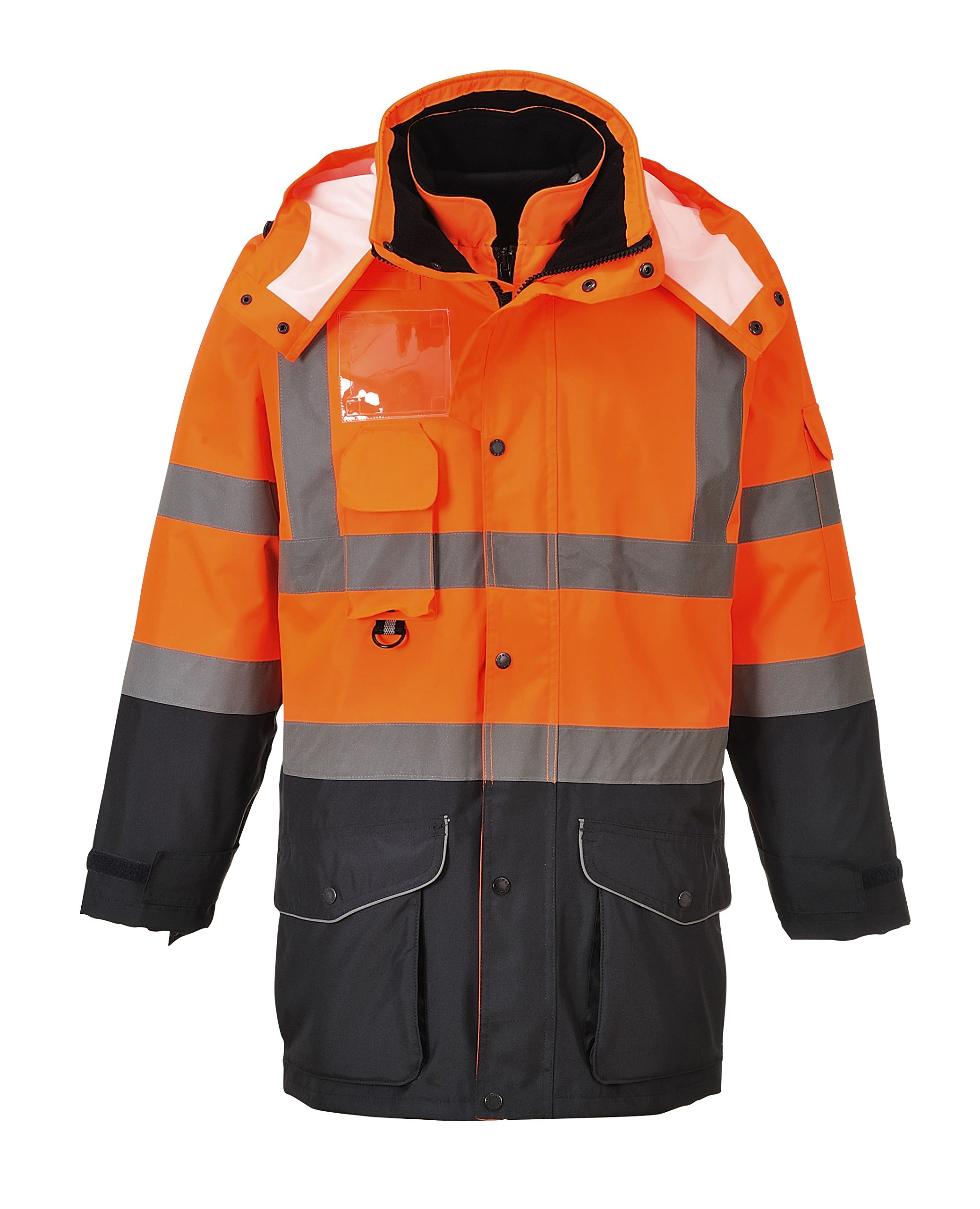 Portwest S426 7-in-1 Arbeitsjacke Gefütterte Taschen Langarm Reißverschluss | Orange/Marine, M, EN ISO 20471 Klasse 3, UPF 40+, 300D Oxford Polyester Atmungsaktiv, Baumwolle, Ergonomisch Geformte Kapuze