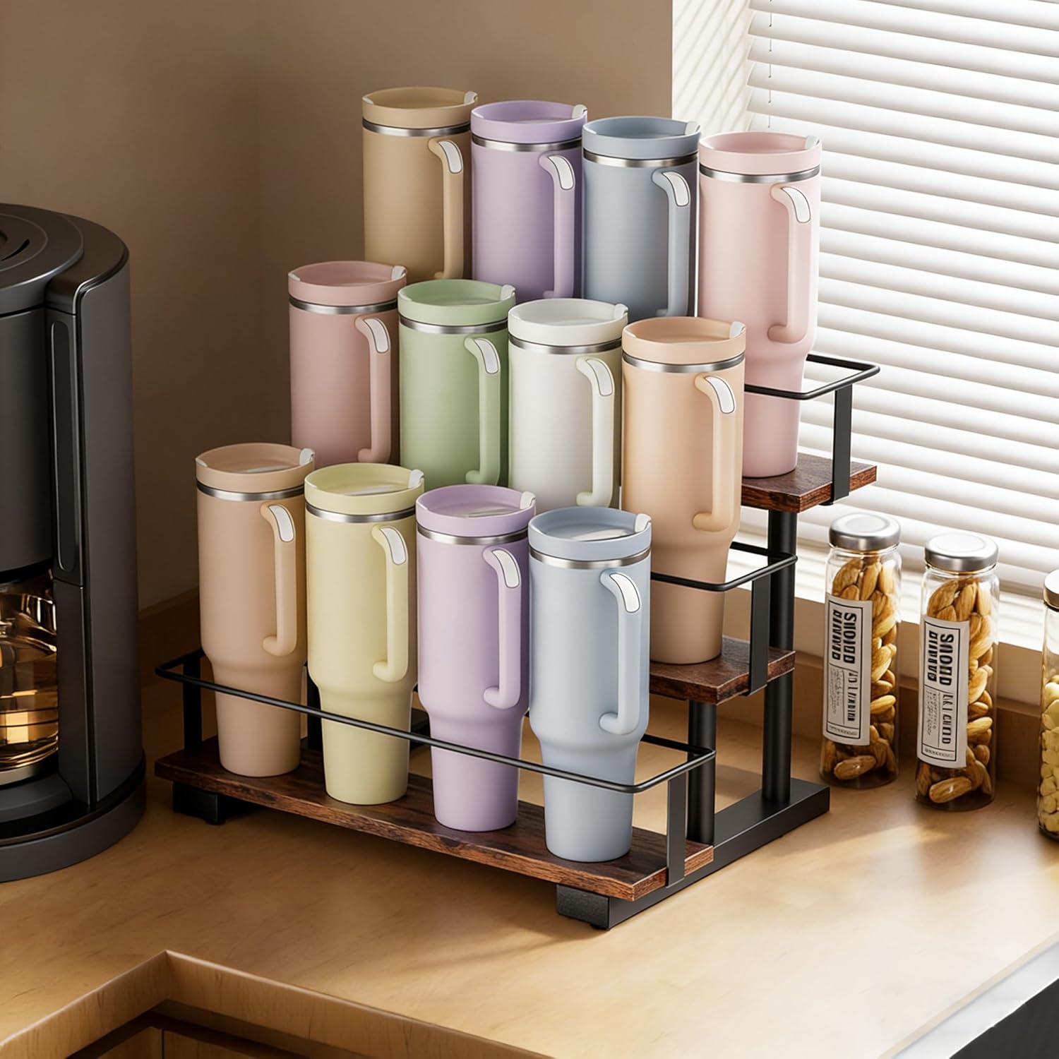 Stanley 40 oz Tumbler Compatible Organizer, 3-Tier Water Bottle Organizer with Wooden Shelves, Carbon Steel Rack Holds 12 Bottles, Kitchen & Bar Storage - Image 6