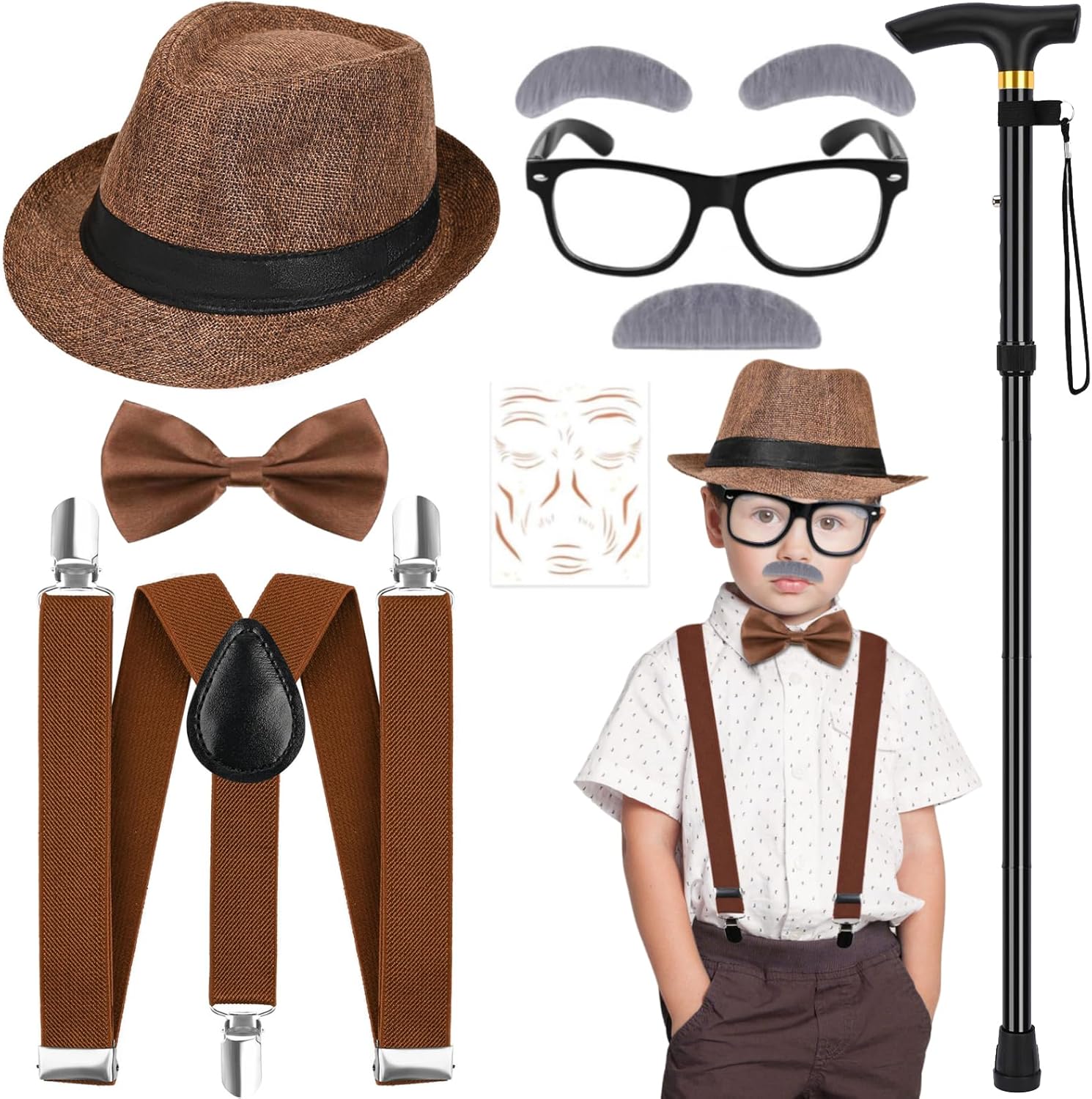 Yanbuny 8 Pcs 100 Days of School Costume for Boys Old Man Costume Set for Kids 100th of School Grandpa Dress Up
