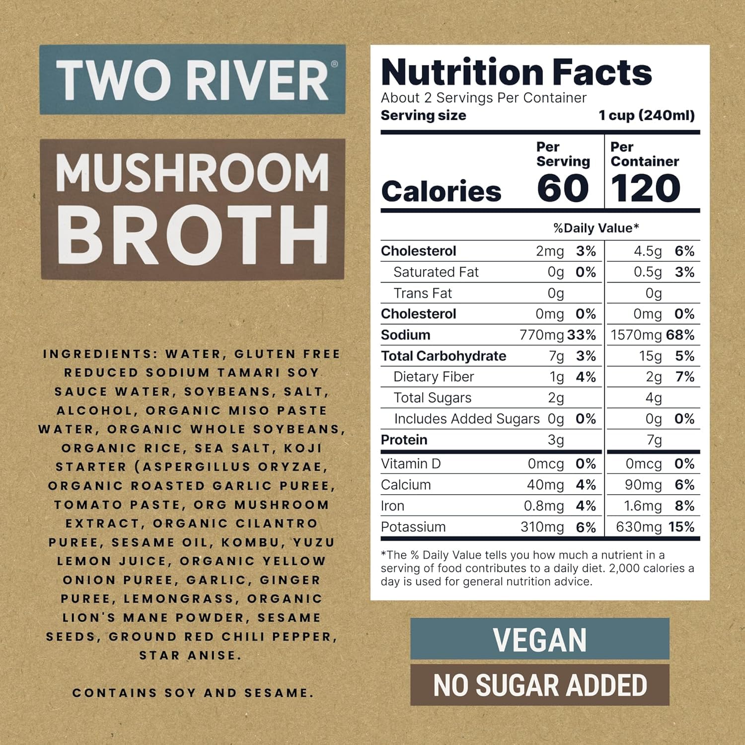 Two River Lion's Mane Mushroom Broth made with organic Lion's Mane and Shiitake Mushrooms, vegan plus adaptogens, perfect for sipping and souping, 510ml, 4ct (Pack of 4)
