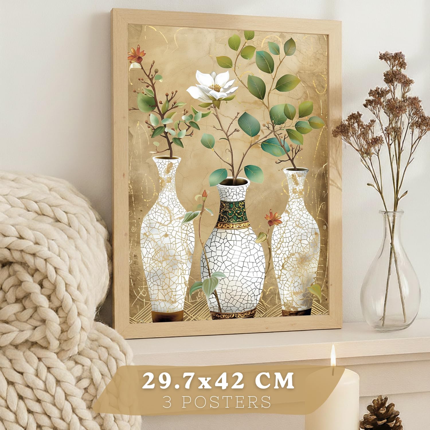 Nacnic Juego De 3 Cuadros Florales. Laminas Decorativas Pared Flores Clasicas. Posters De Pared Botanico Naturaleza. Cuadros Flor Silvestre Pared Para Salón Y Dormitorio. Tamaño A3 Marco Madera Clara