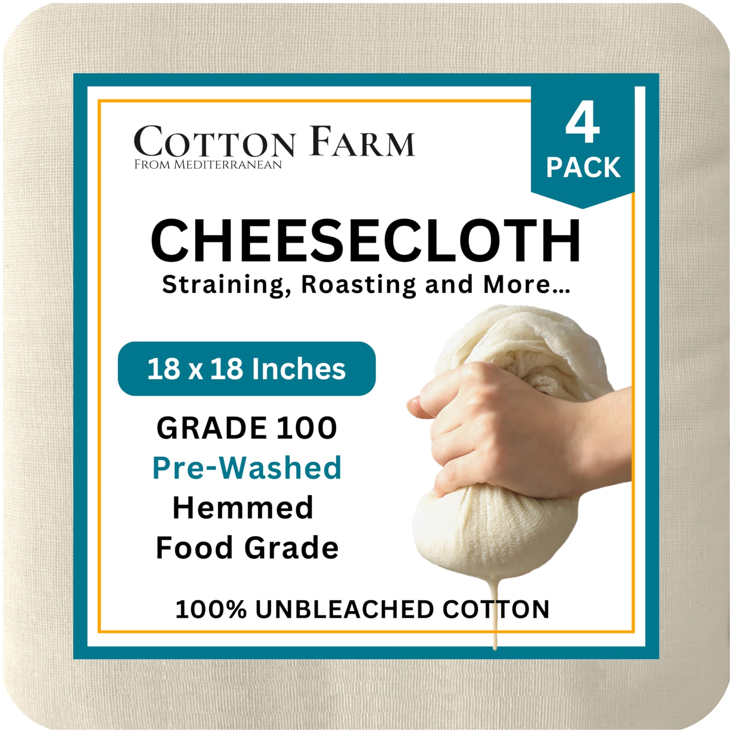 Cotton Farm Pre-Cut Cheese Cloths, 18 x 18 inch, Grade 100, Overlocked Edges, Ready to Use, Muslin Cheesecloth for Straining and Cooking, 100% Unbleached Cotton, Reusable