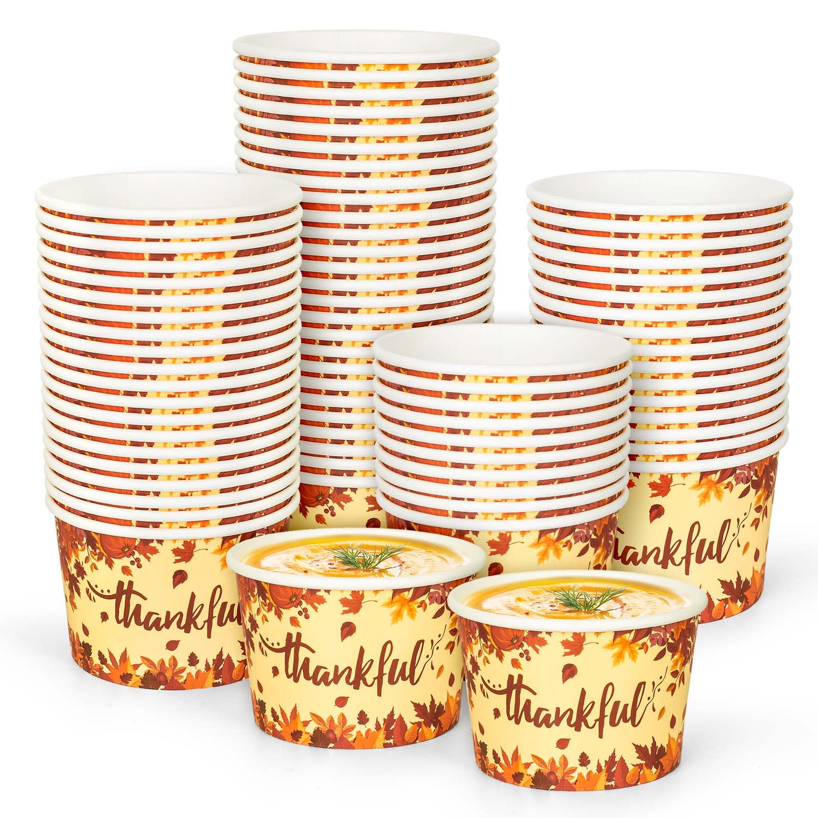 JarThenaAMCS 50Pcs Fall Thanksgiving Snack Cups Thankful Maple Leaves Disposable Paper Bowls Autumn Decorative Fall Candy Ice Cream Dessert Soup Bowls for Hot Cold Food Treats Cupcakes Party Supplies