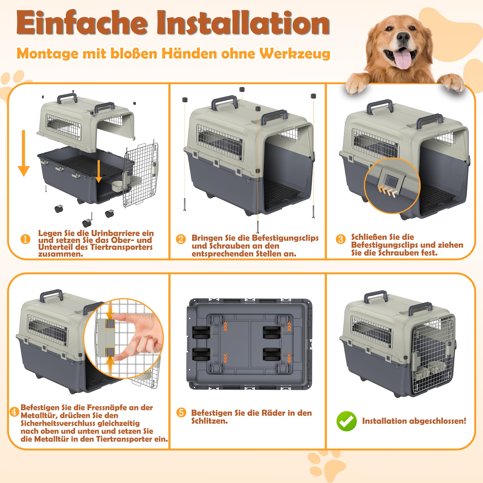 Froadp Trasportino per animali domestici, cani, gatti, in plastica PP, 80 x 57 x 70 cm, trasportino per gatti con ruote e distanziatori per urine e ciotole da appendere