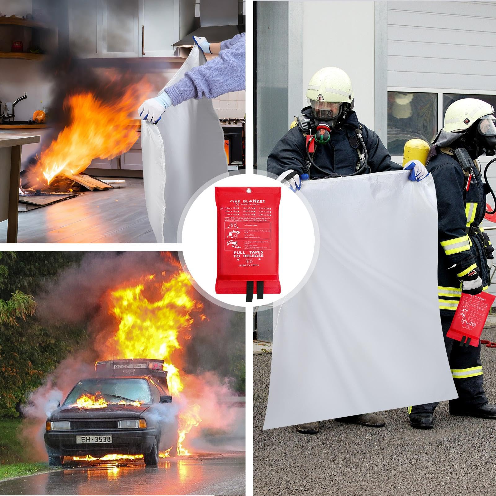 Copkim Paquete de 4 mantas ignífugas para el hogar y la cocina, 47 x 47 pulgadas, manta de emergencia para supresión de incendios de fibra de vidrio con gancho, guantes, silbatos, manta de seguridad