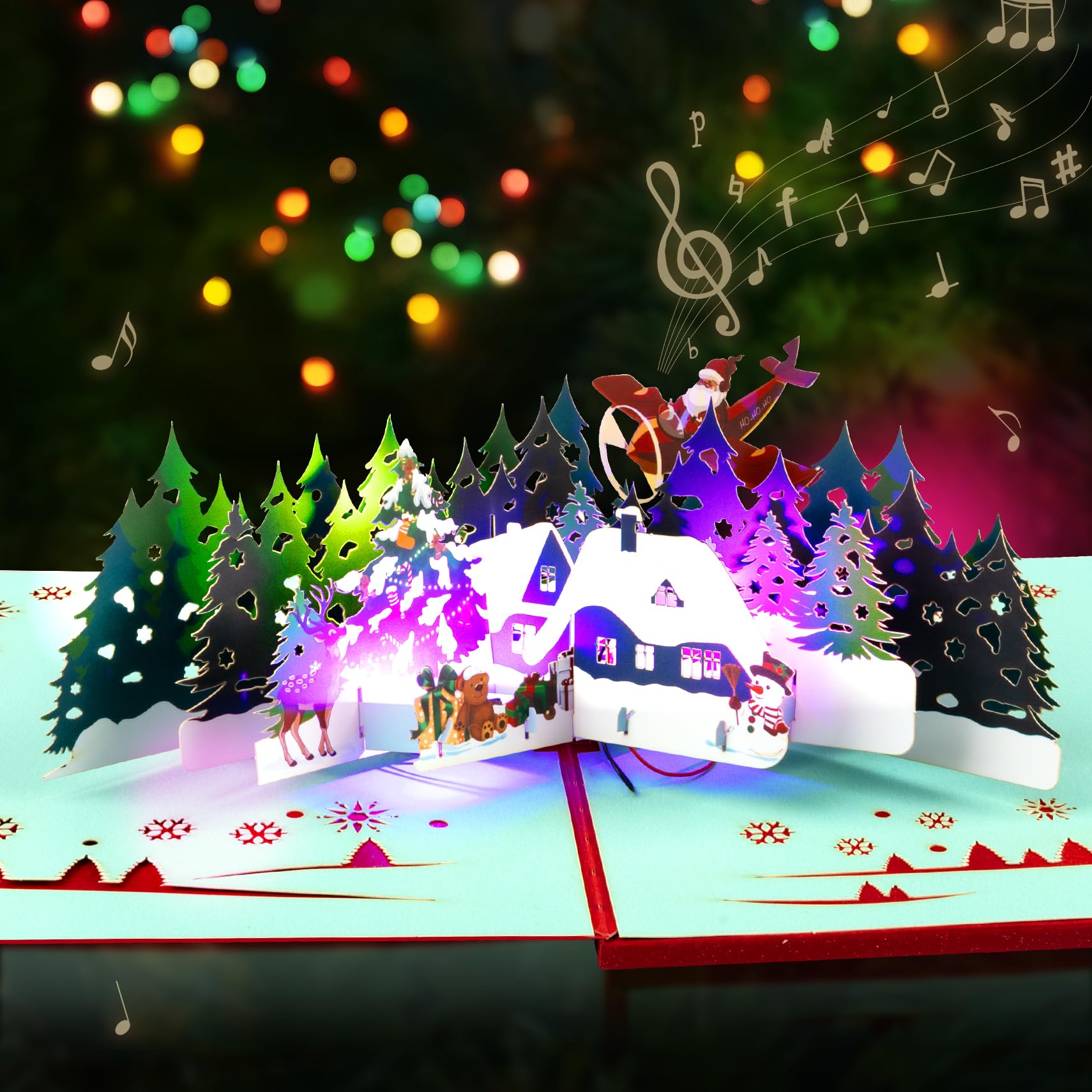 GREETING ART Musical Christmas Forest Card, Pop Up Christmas Card with Light and Song, 3D Xmas Holiday Greeting Cards for Women Men