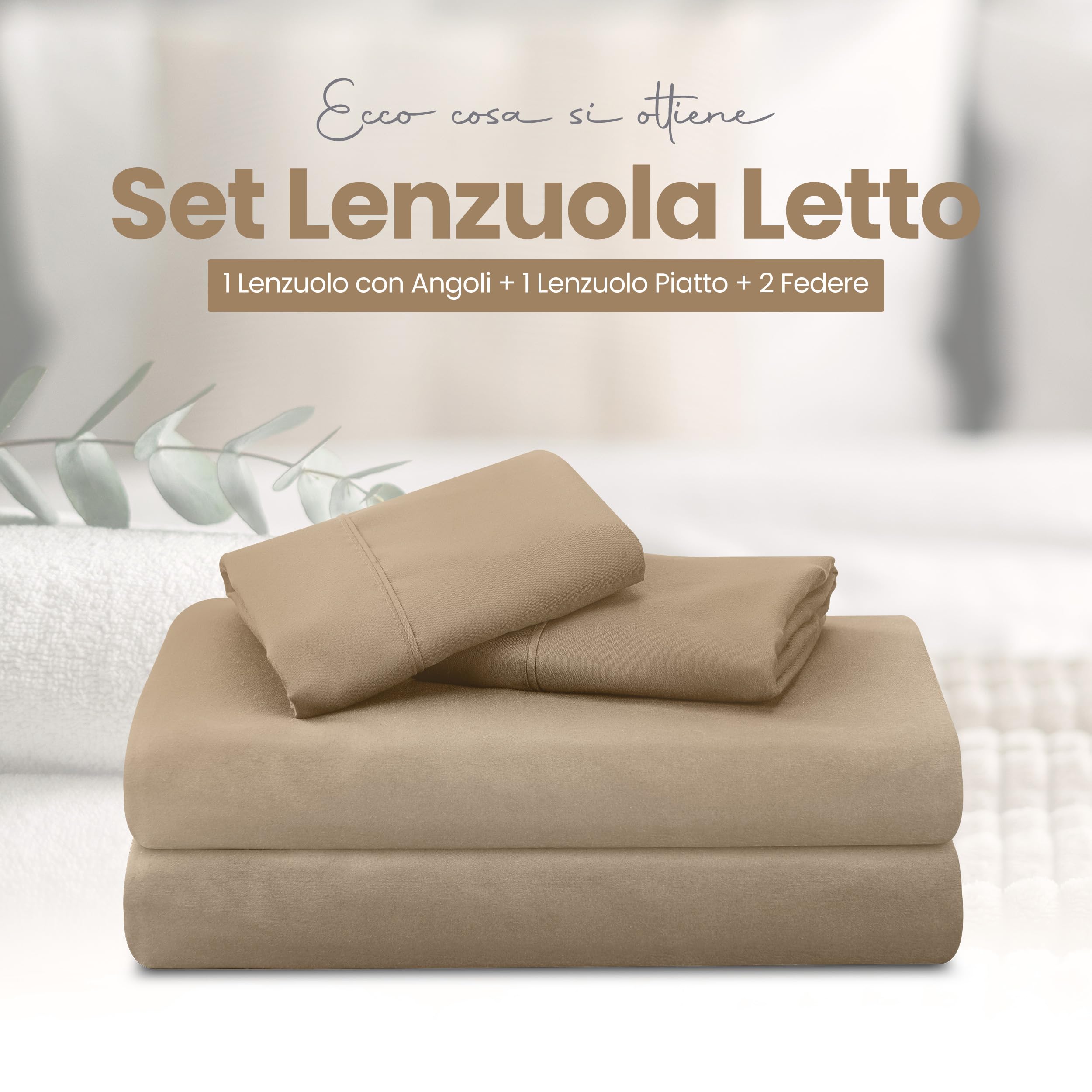 Utopia Bedding - Set Lenzuola Letto Matrimoniali 4 Pezzi 180x200 cm - Spazzolata Poliestre di Microfibra - Oeko-Tex Certificato - Lenzuolo con Angoli, Lenzuolo Piatto e 2 Federe 50x75, Sabbia