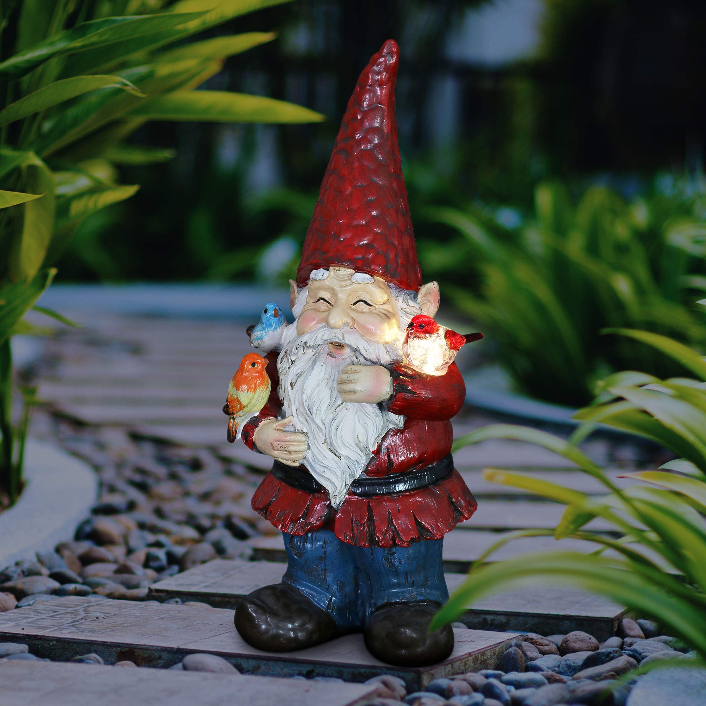 Exhart Garden Gnome, Bird Whispering Waldo Solar Garden Statue Sculpture, LED Light, Outdoor Lawn and Yard Decoration, 8 x 5.5 x 12 Inch