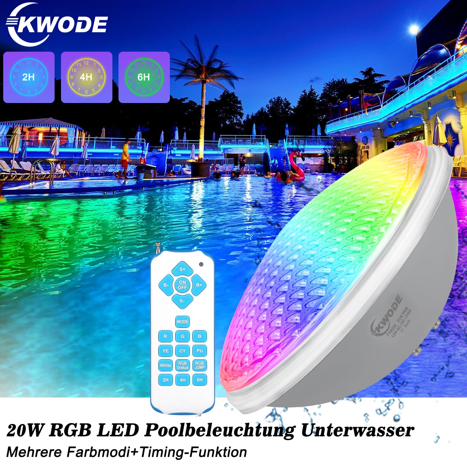 Luz de piscina LED par56, Luces de piscina RGB 20W, IP68 con control remoto, cronometrada 2/4/6H, foco submarino [12v AC/DC]