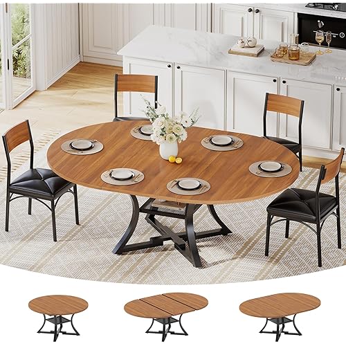 Itaar Round Extendable Dining Table Set for 4-6 People, 5-Piece Kitchen Table Set with 4 Cushion Chairs, Dining Room Table for 6 with MDF Board & Metal Frame for Small Space, Easy Clean, Rustic Brown
