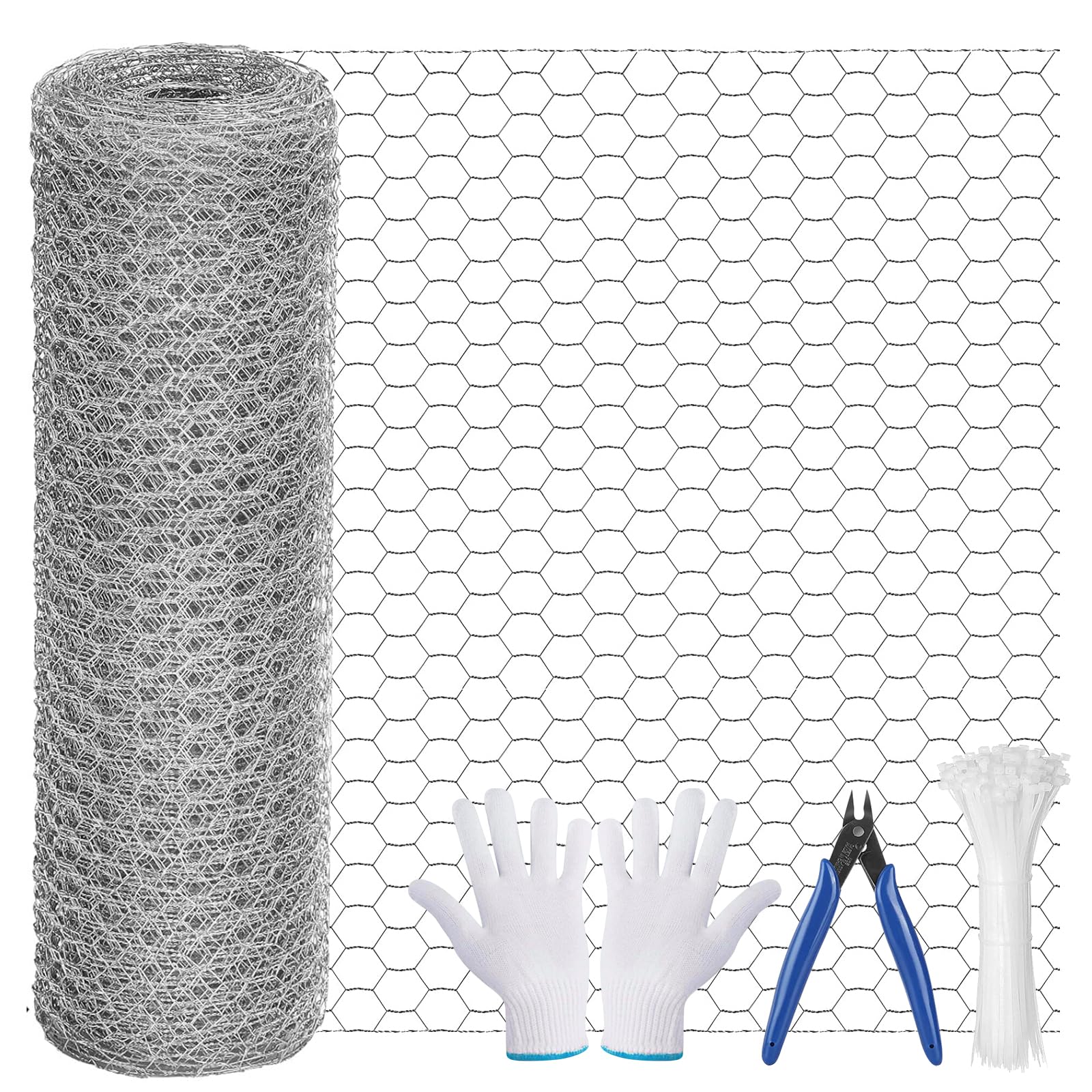 40cm*10m Chicken Wire Mesh Roll, Galvanized Hexagonal Fencing Wire Mesh with Cutting Plier, Gloves and 100Pcs Cable Ties, Chicken Wire Mesh Roll for Pet Rabbit Chicken Fencing