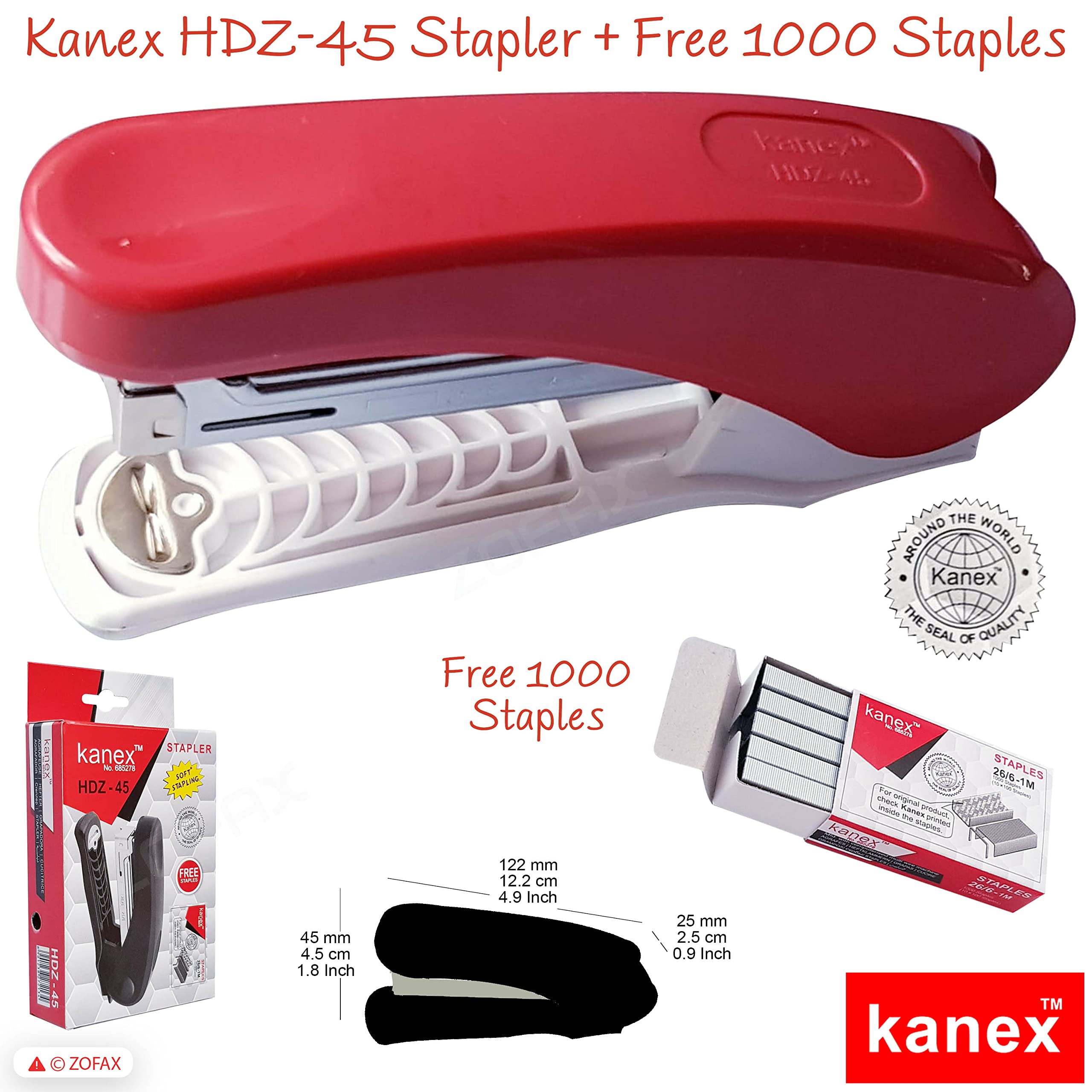 ZHDZ45 Stapler with Staple Remover, RED Body + 1000 Staples, 30 Sheets Stapling, Reload Indicator, 24/6-26/6 Staples, iZOFAX Black Ball Pen - Image 2