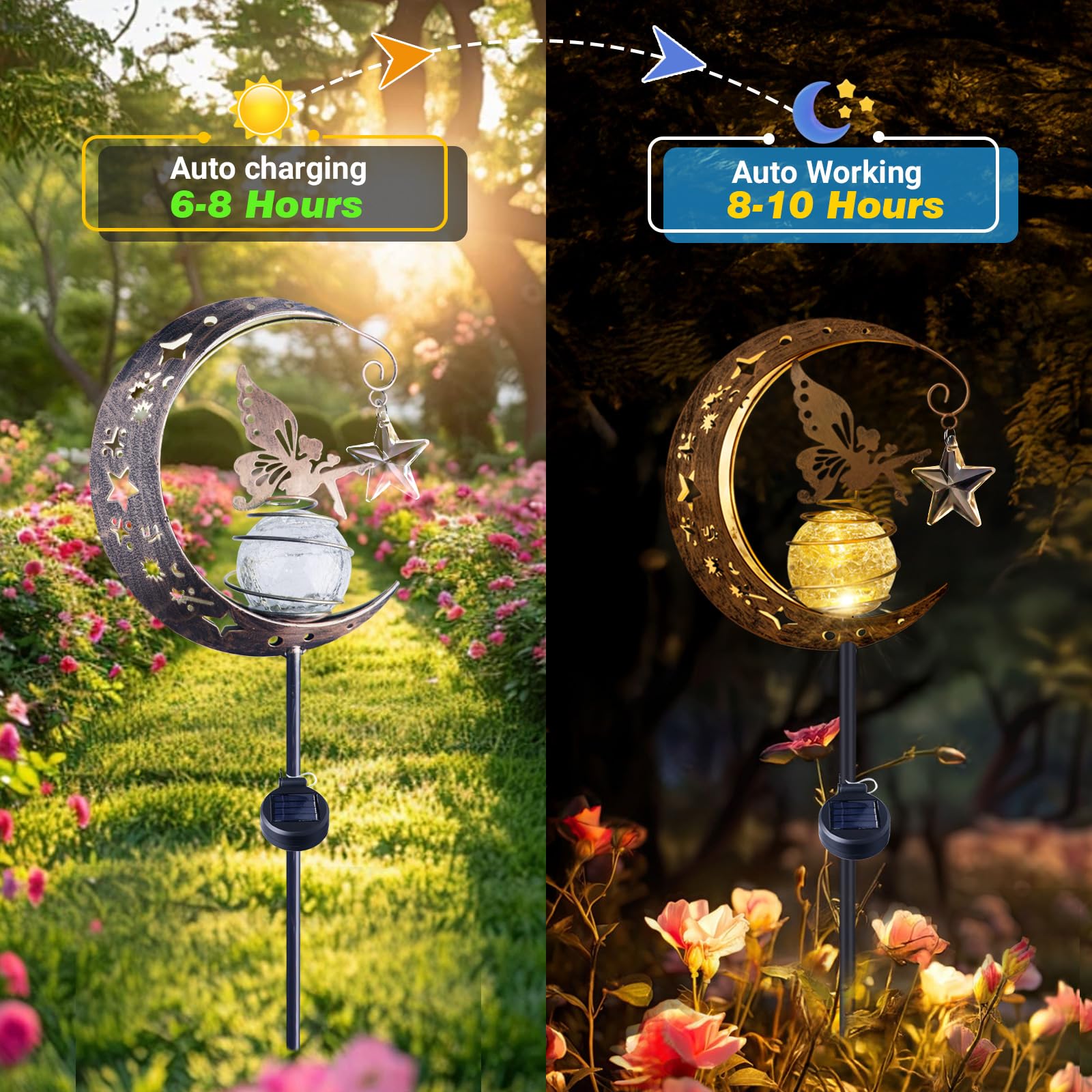 Solar Lights Outdoor Garden Ornaments, IP65 Waterproof Moon Fairy Solar Light Crackle Glass Ball - Image 3