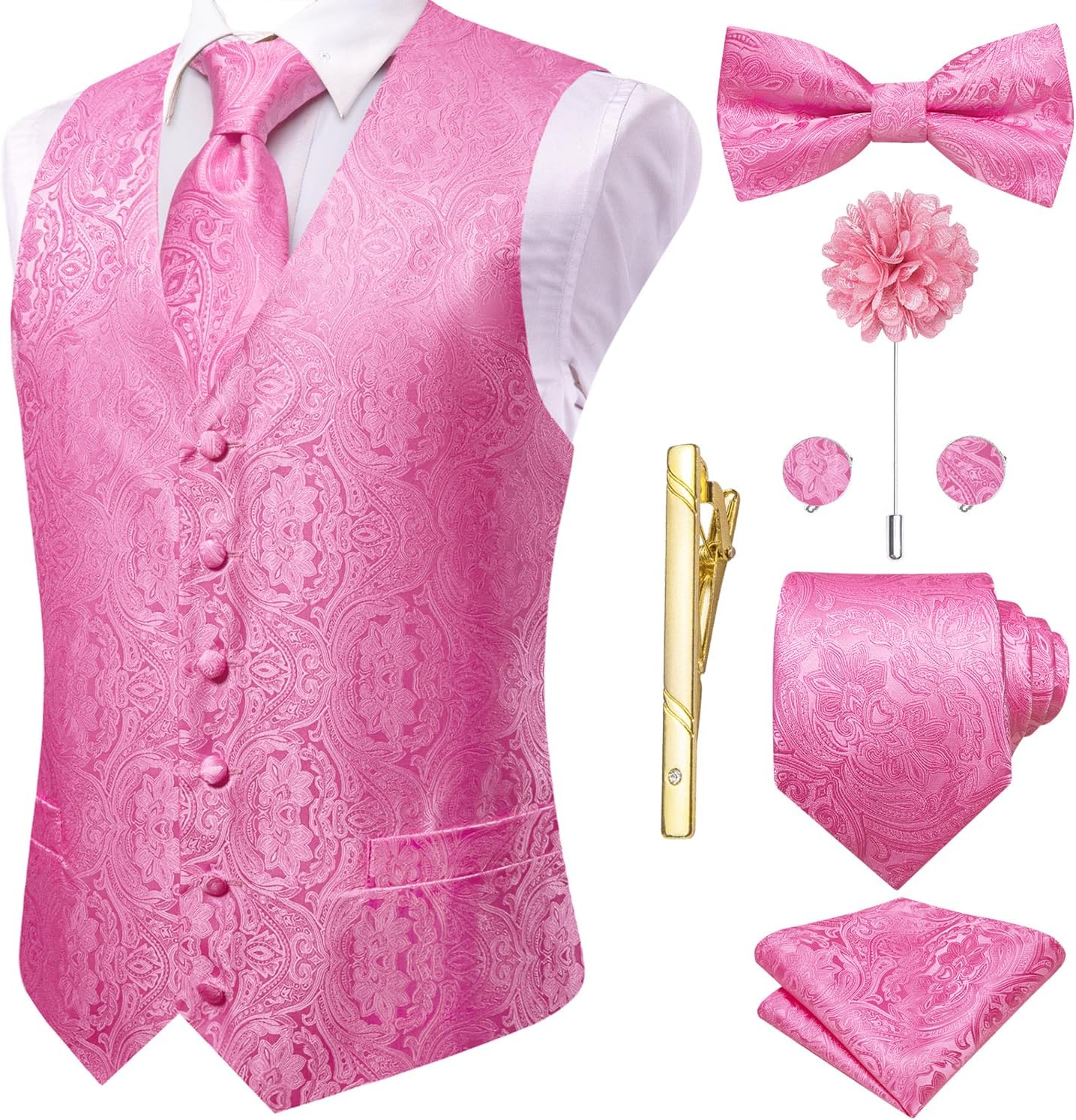 Hi-Tie Silk Mens Suit Vest Set with Tie, Bowtie, Pocket Square, Cufflinks, Lapel Pin & Tie Clip
