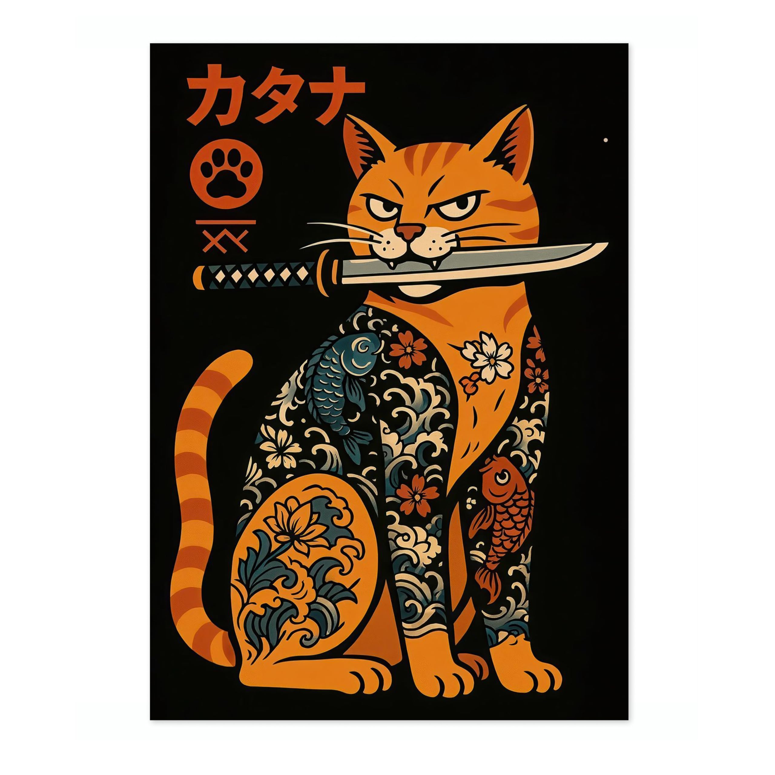 Yakuza Cat Anime Woodblock Poster Modern Woodblock Print, Cartoon Manga Kitten Wall Art Decor, Modern Japanese, Cat Lovers, A3 (Print Only) - 42x29.7cm