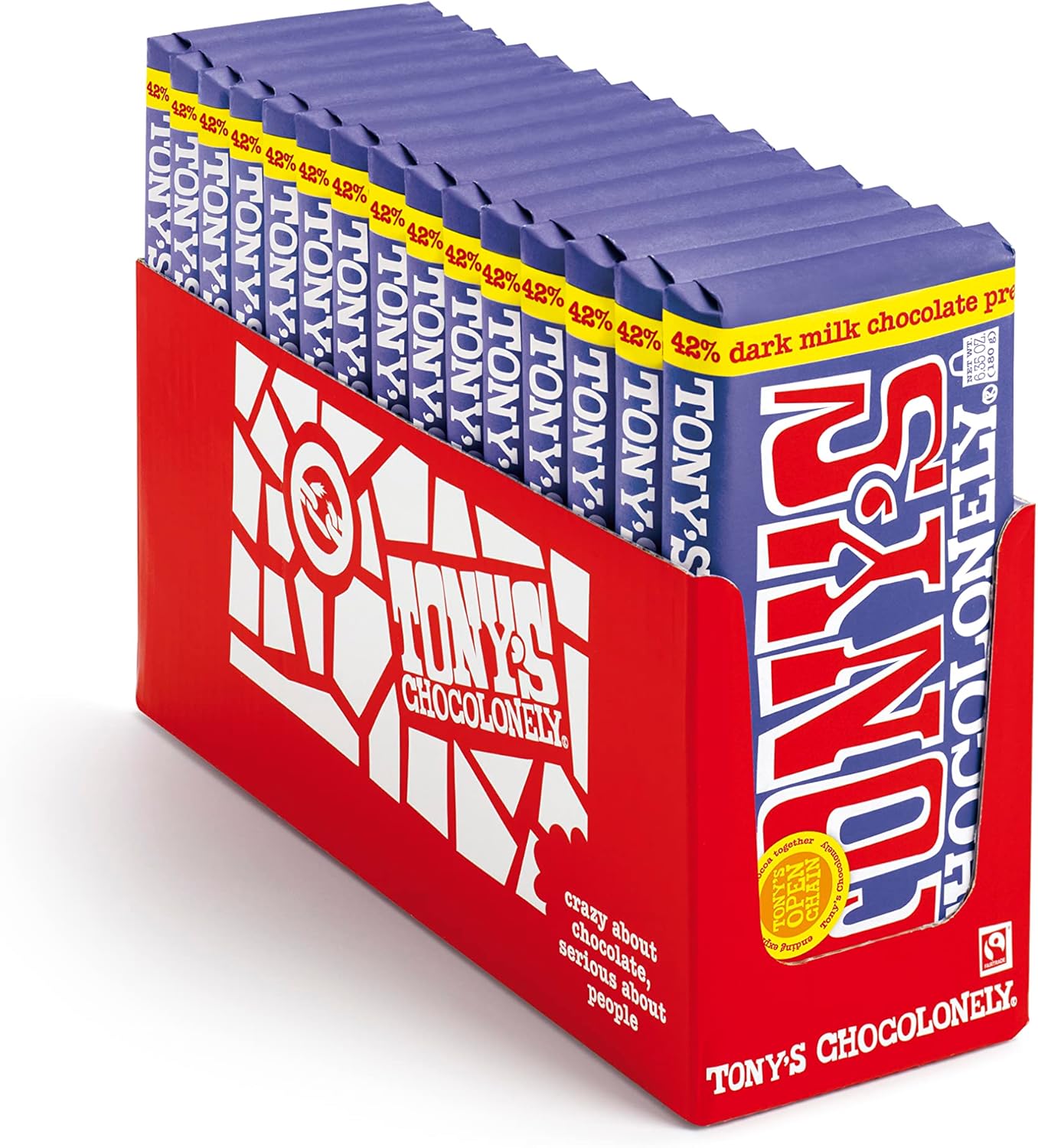 Tony's Chocolonely 42% Dark Milk Chocolate Bar with Pretzel & Toffee - Dark Milk Chocolate, Pretzel & Toffee Chunks, Belgium Chocolate, No Artificial Flavoring, Fairtrade & B Corp Certified - 15 Bars