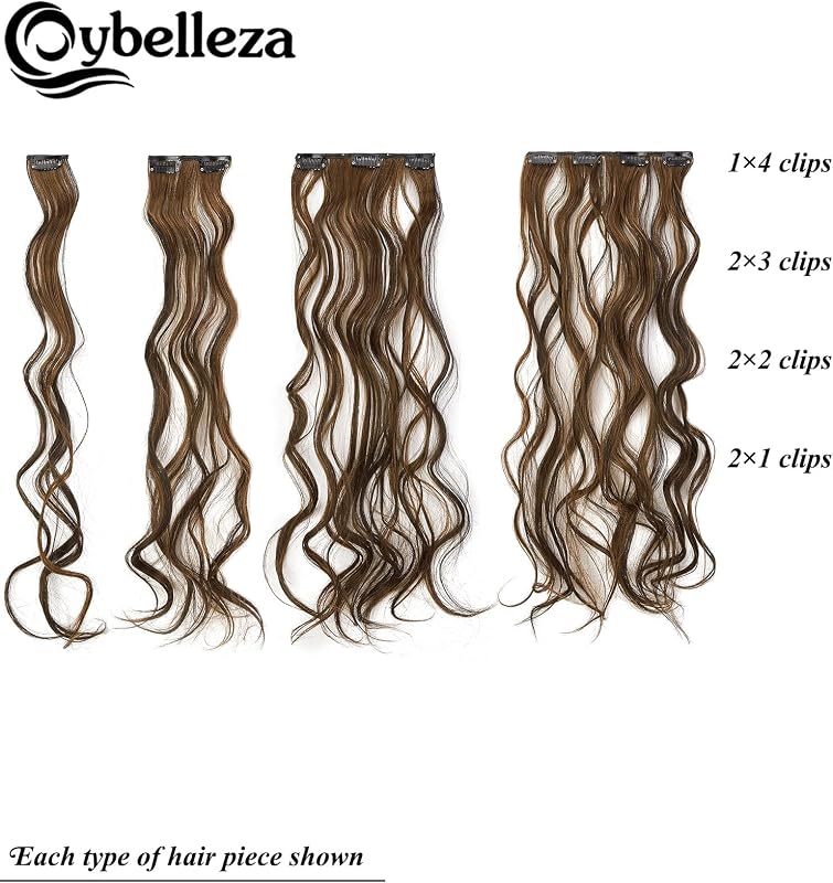 Cybelleza Csatos Hajhosszabbítás - 7 Részes Hullámos Póthaj Szett 16 Csattal, 50 cm, Közepes Barna és Világos Vörösesbarna, Természetes Hatá