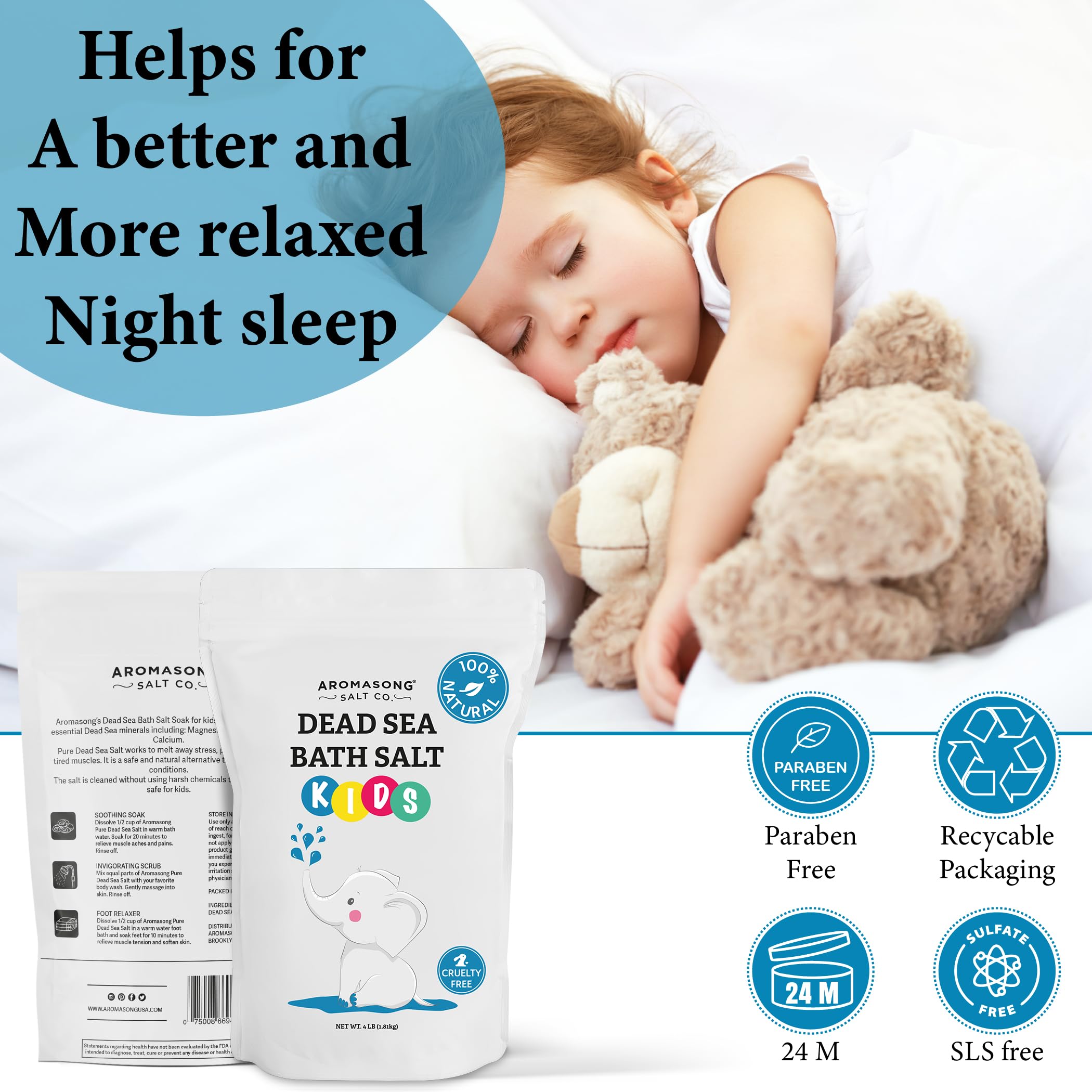 Aromasong Sal del Mar Muerto para niños, 4 libras. Paquete resellable grande de grano fino, 100% puro y natural.
