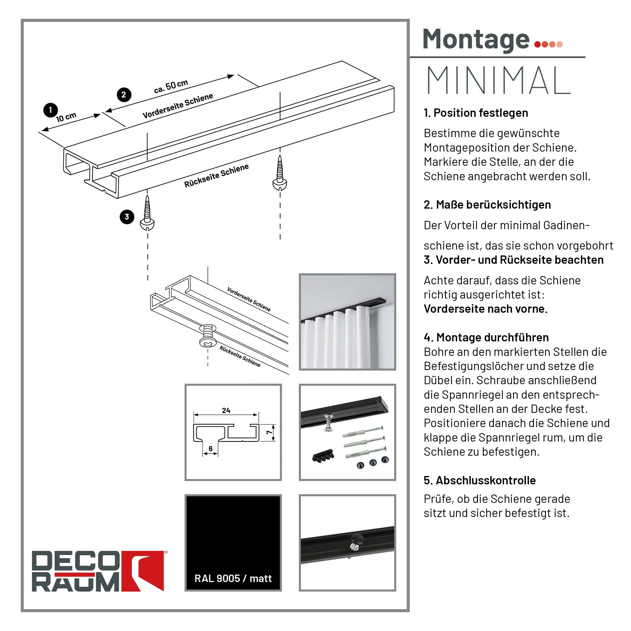 Deco-Raum Rail à rideau personnalisé en aluminium pré-percé à 1 voie - Rail de rideau - Fixation au plafond pour rideaux coulissants - Rideaux avec matériel de fixation - Noir - 120 cm - Minimum