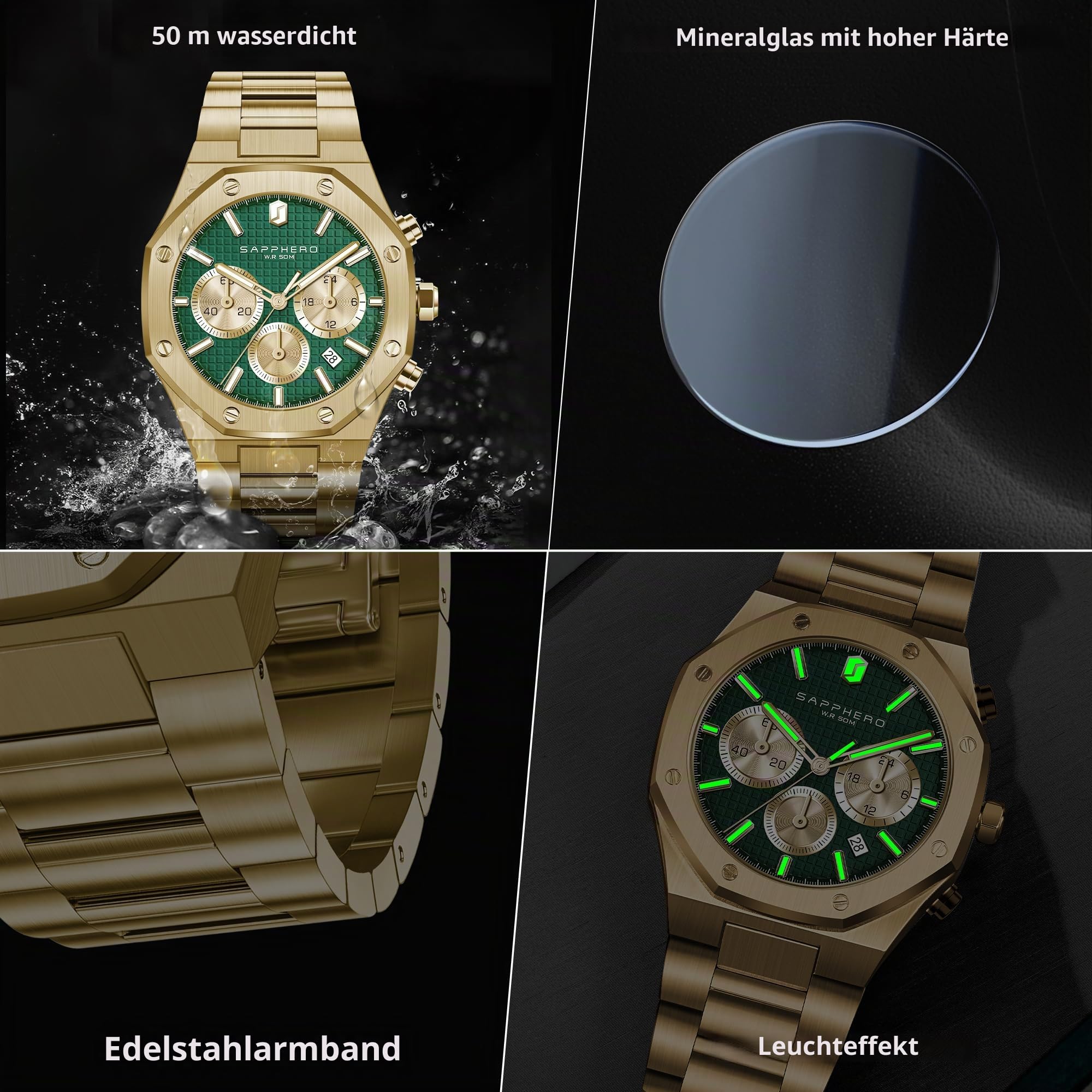 SAPPHERO Herren Uhren Luxus 50M Wasserdicht Armbanduhr für Männer Geschäftlich Datum Sport Zeit Mode Stahlband Uhr Geschenk für Männer