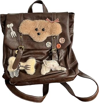 Womens Cute Pu Leather Backpack, Y2K Pin Accessorie Fashion Casual Gift Backpack for Girls,Kawaii Unique Puppy School Bag