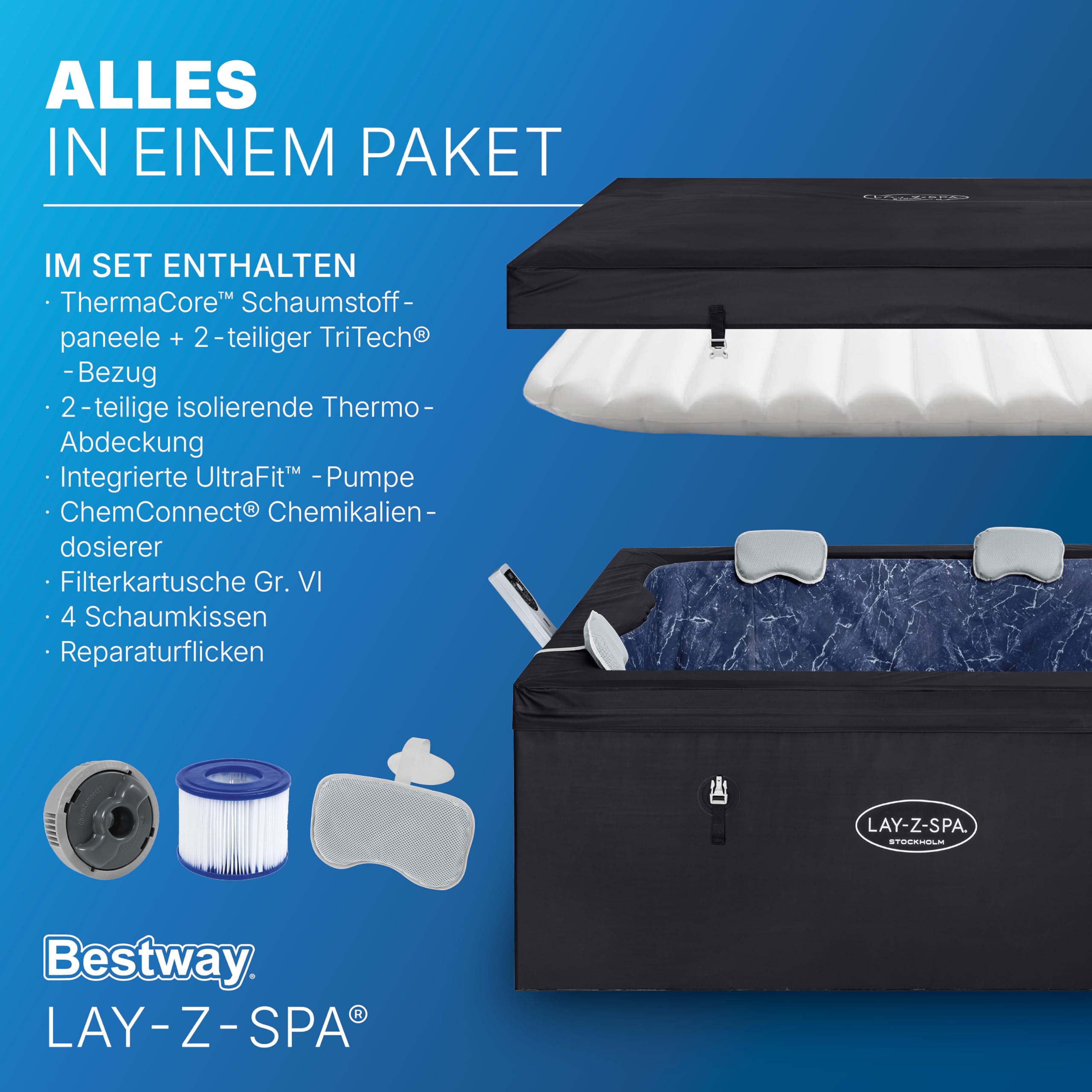 Bestway Lay-Z-SPA Stockholm AirJet Energiespar-Whirlpool 164x164 cm – Smarter Pool für 6 Personen mit App-Steuerung, 40°C Heizung, ThermaCore Isolierung & 140 Massagedüsen, Winterfest & Schwarz