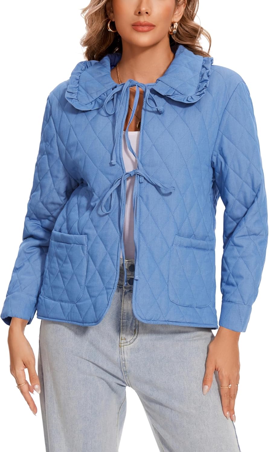 Wanzetaly Womens Casual Lightweight Quilted Jacket Bow Tie Front 