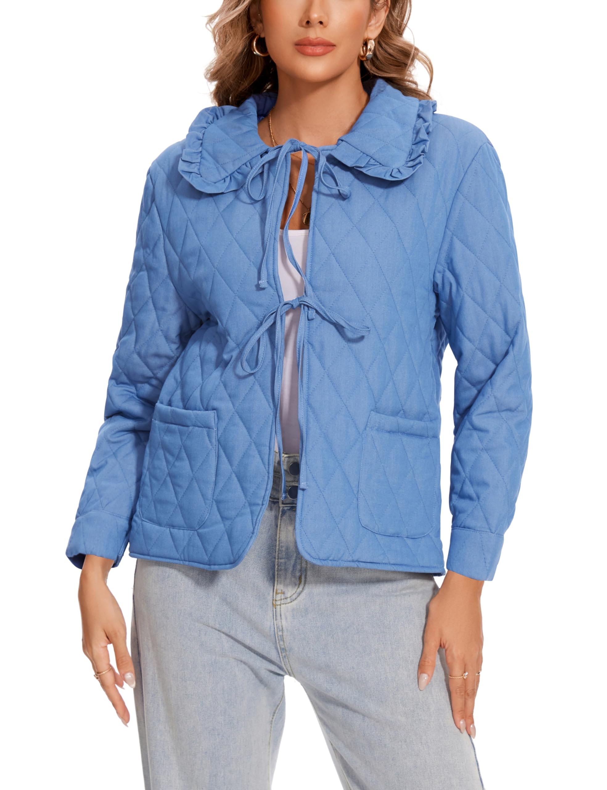 Wanzetaly Womens Casual Lightweight Quilted Jacket Bow Tie Front Outerwear Winter Padded Coat with Pockets