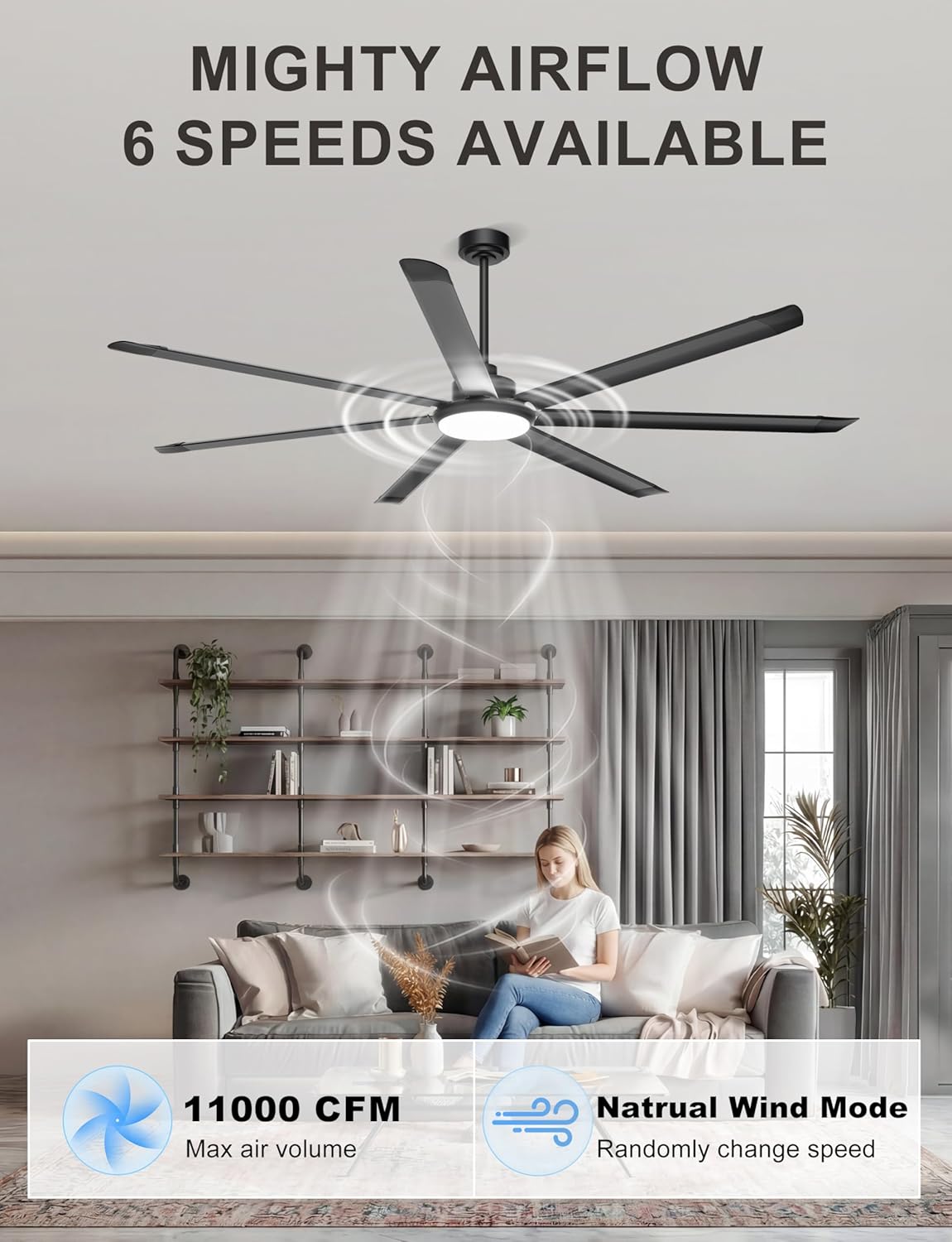 Ohniyou 84'' Large Ceiling Fan with Lights, High CFM Industrial Ceiling Fan Remote/APP Control, 7 Aluminum Blades, 3CCT, for Warehouse, Shop, Gym, Black