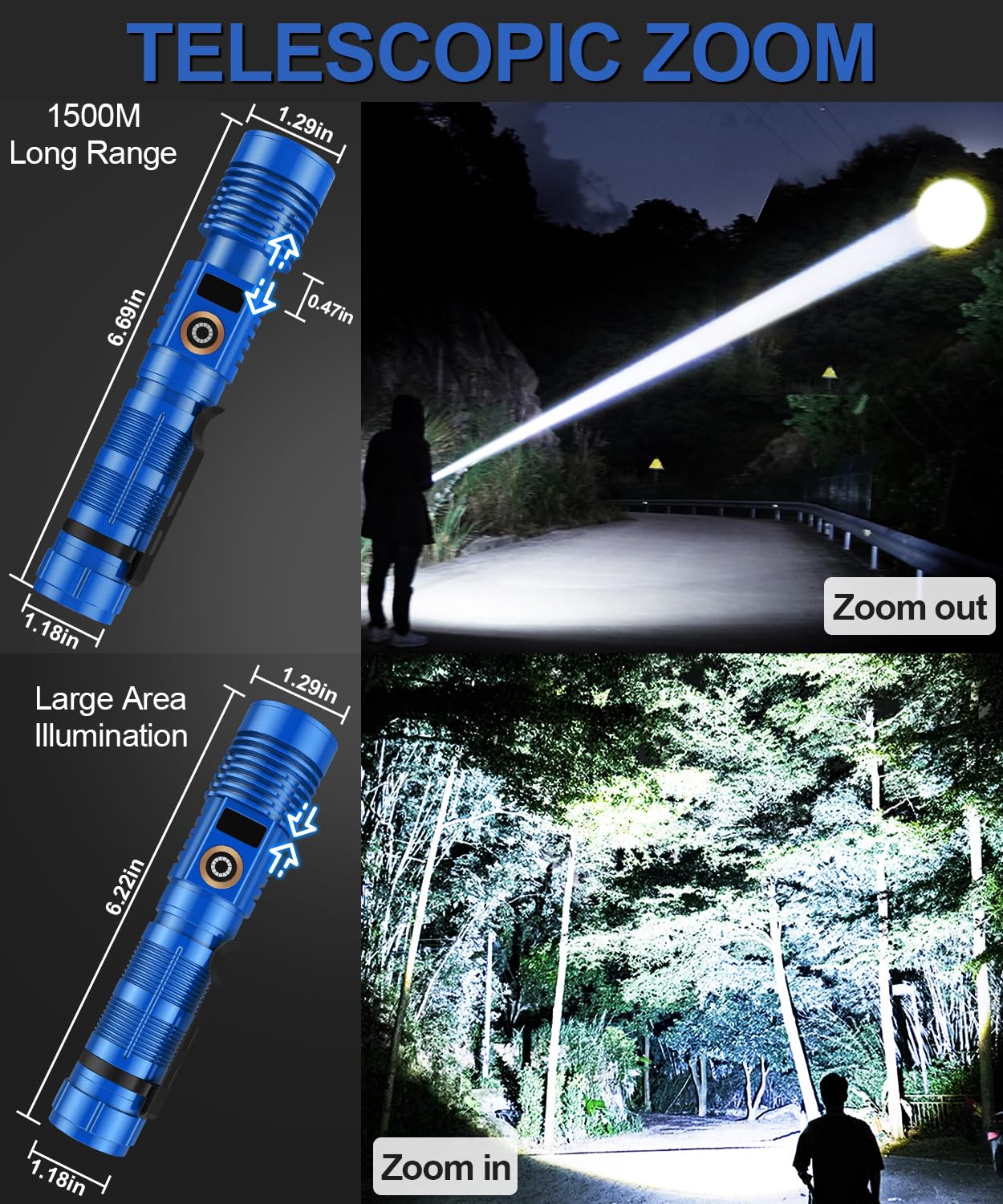 Linterna recargable de alto lúmenes, 12000 lm, luz magnética superbrillante con pantalla digital de potencia, alcance de 3280 pies, regulable, impermeable, linternas LED de bolsillo para camping de