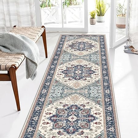 OPPODREAM Soft Entryway Rug 2x8, 2x8 Rug Runner, Washable Hallways Carpet 2 x 8 with Non Slip Backing, Low-Pile Bedside Carpet 2 x 8, Long, Faux Cashmere, Navy Blue & Red & Cream