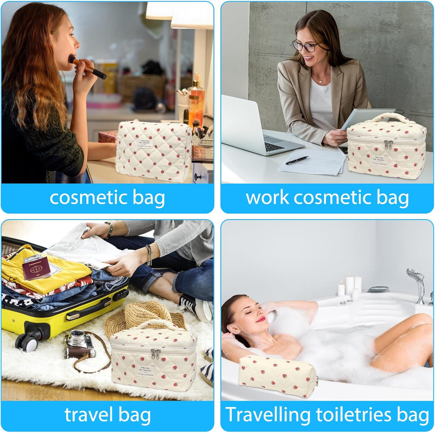 Quilted Makeup Bag, Large Capacity Travel Cosmetic Bag for Women and Girls, Aesthetic Storage for Daily and Travel Use - Image 7