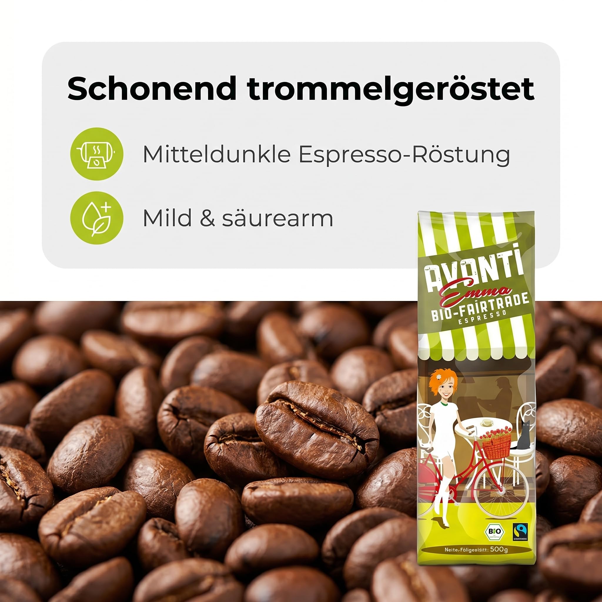 4 x AVANTI Emma Kaffeebohnen, Fairtrade Espresso, ganze Bohnen 500 g, 80% Arabica 20% Robusta, säurearme Langzeit-Trommelröstung (mitteldunkel), Schweizer Röstung und Abfüllung