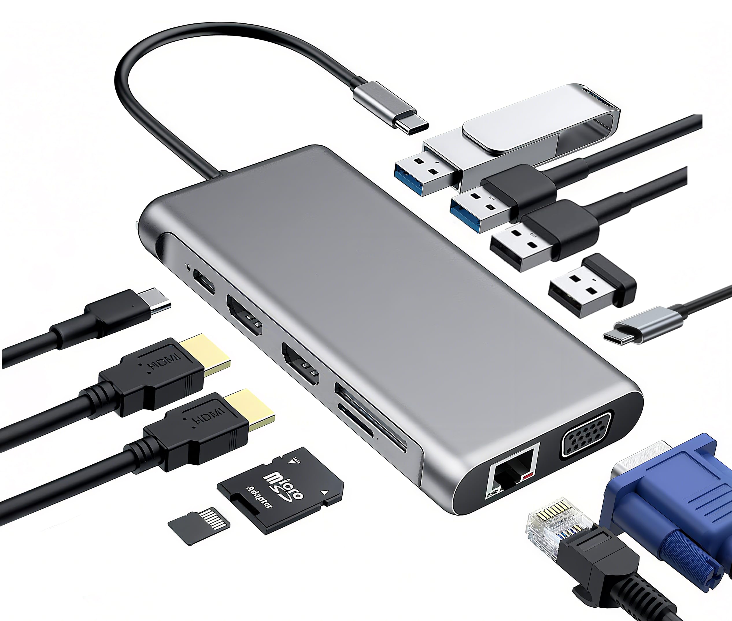 12-in-1 USB-C Docking Station mit Dual HDMI (4K@60Hz), Gigabit LAN, 100W PD, USB 3.0/2.0, SD/TF-Kartenleser - Universeller Laptop Dock für Laptops/PC