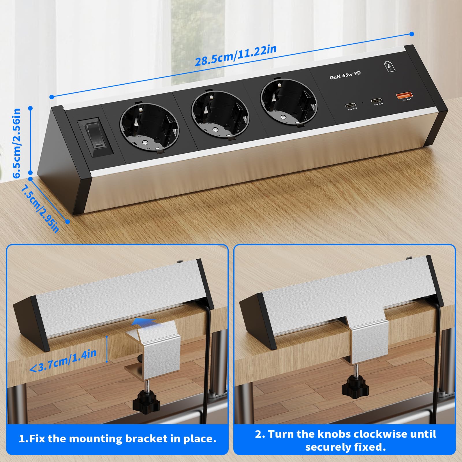Regleta de Escritorio con USB-C PD 65W GAN, 3 Tomas, con Pinza | USB-C2 y USB-A hasta 25W, carcasa de aluminio, interruptor, protección contra sobrecargas, cable 3 m, oficina y escritorio