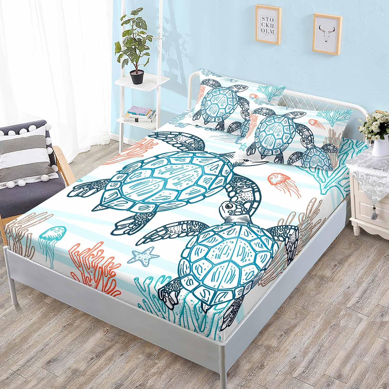HOSIMA Beachy Sea Turtle Bedding Set Queen