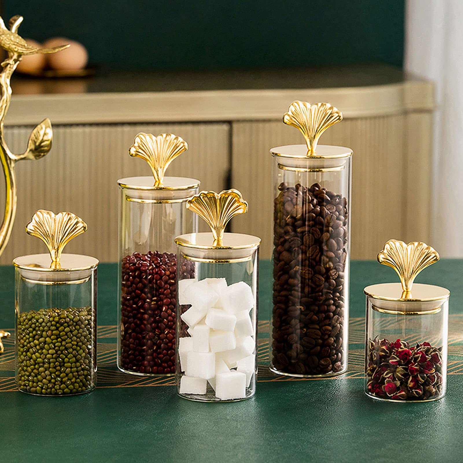 Botes para Alimentos Ginkgo Biloba Frascos de almacenamiento decorativos con tapa EUROPE GILDED CRAFT CRAFT Botella de cristal Dispensador de grano Sellado Bocadillos Jar Decoración del hogar Botes He