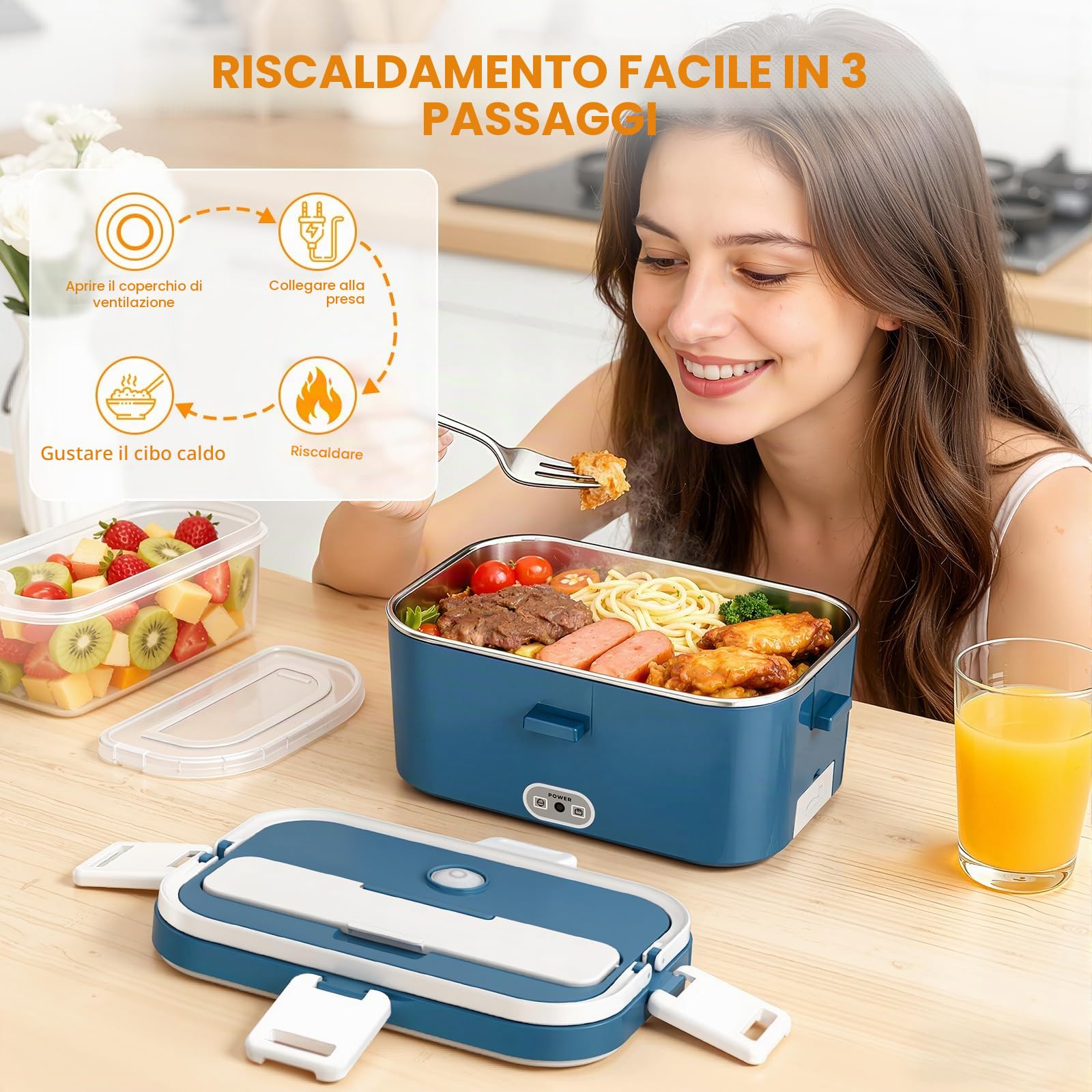 Scaldavivande Elettrico Portatile 100W 1.8L Lunch Box Termico 3 in 1(12V/24V/240V) per Auto Camion e Ufficio, Porta Pranzo Riscaldabile in Acciaio Inox con Borsa Forchetta e Cucchiaio