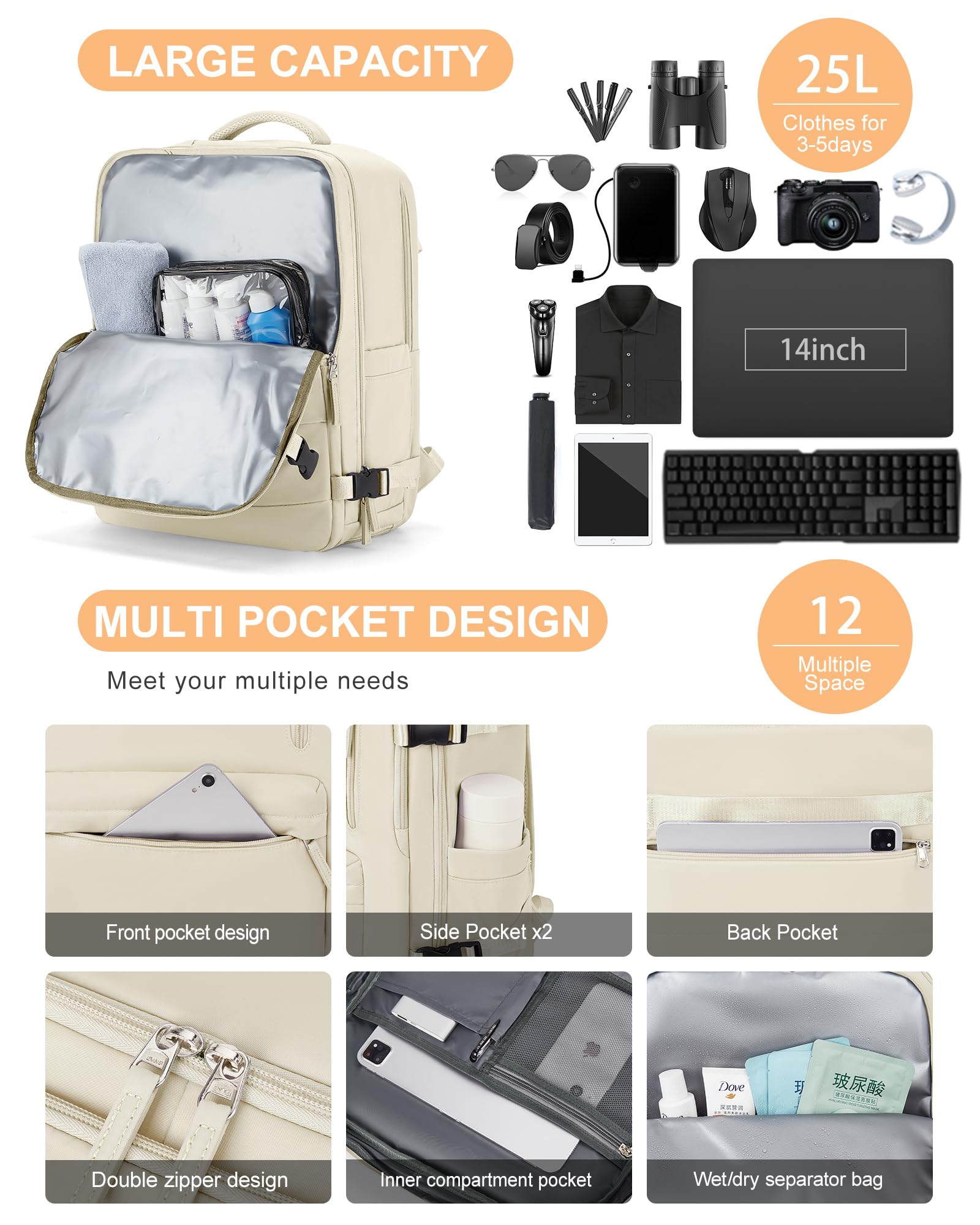 BJLFS Borse da Cabina per Ryanair 40×20×25 Zaino da Viaggio con Sottovuoto Bagaglio a Mano Easyjet 45×36×20,Zaino con sistema di compressione,Zaino Casual per laptop da 14 pollici per scuola