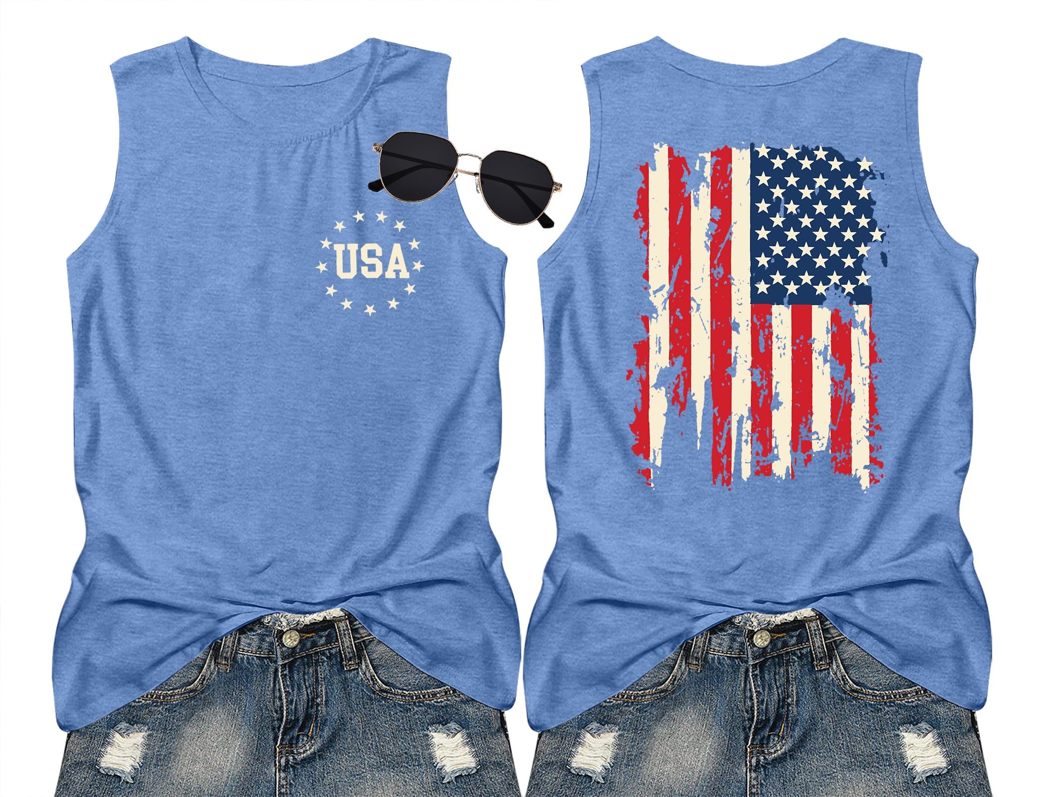 American Flag Tank Tops Women Patriotic Shirt USA Flag Stars Stripes Print Sleeveless T-Shirt 5th of July Tee Tops