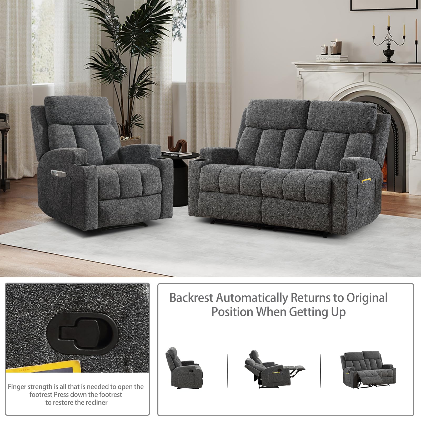 CANMOV Manual Recliner Sofa Set, Fabric Recliner Living Room Furniture Sets, 1 Seat Reclining Chair and a Loveseat Furniture Set with Side Pockets and Cup Holders, Dark Grey view 5