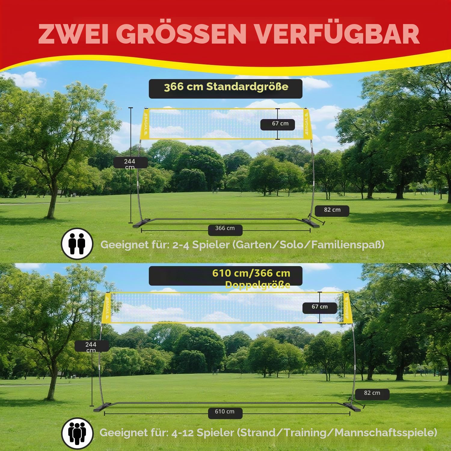 BAGAIL Volleyballnetz, 3.6m/6.1m Volleyballnetz für den Garten - Verstellbare Höhe, Heavy-Duty-Rahmen, Freistehendes Design - Tragbares Outdoor/Indoor-Volleyball-Set mit Tragetasche