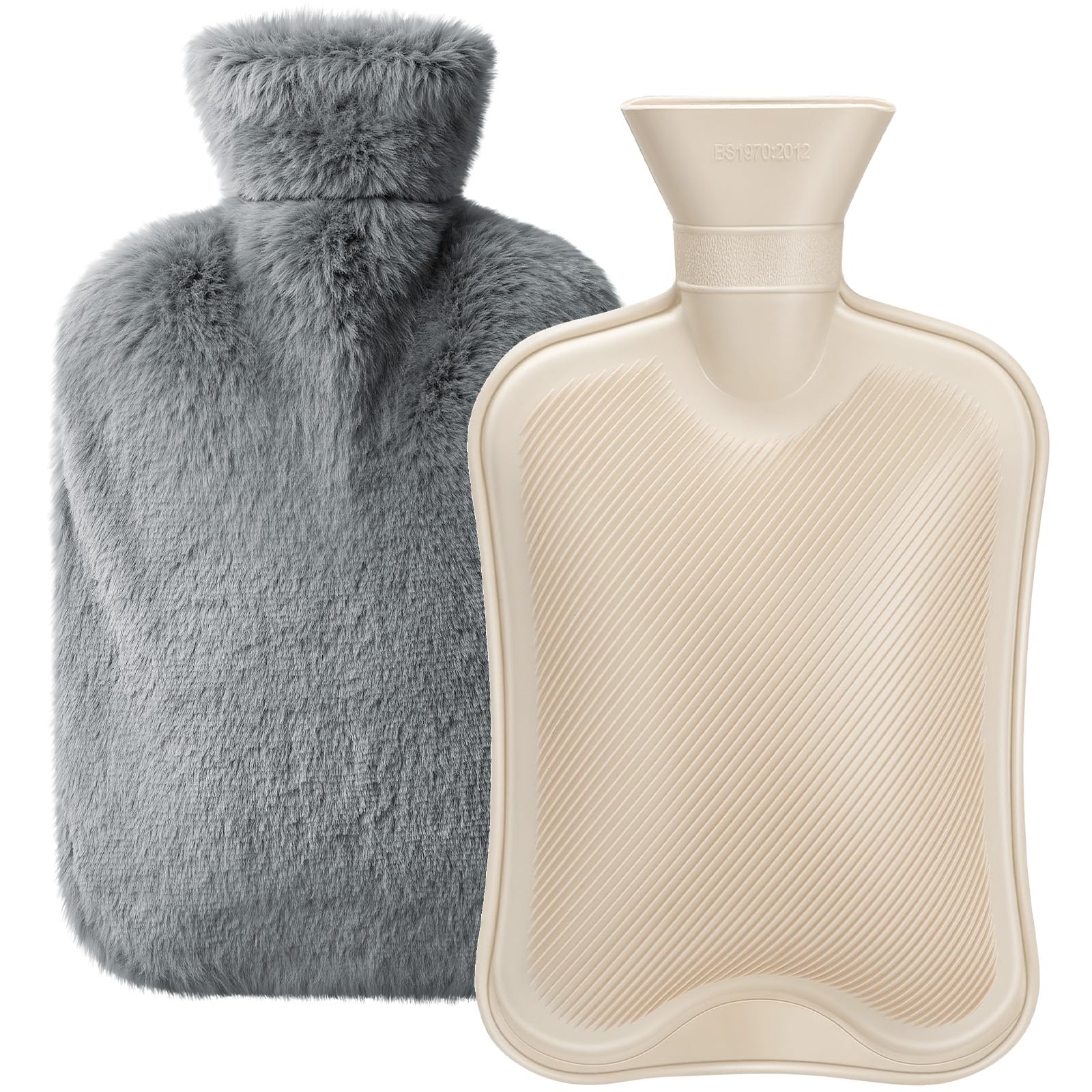 Dawdix 2L Natural Rubber Hot Water Bottle with Cover, Leakproof Design for Hot & Cold Compress, Ideal for Menstrual Cramps/Hand & Feet Warmer/Neck & Shoulder Pain Relief, Ultra-Soft Touch, Gray