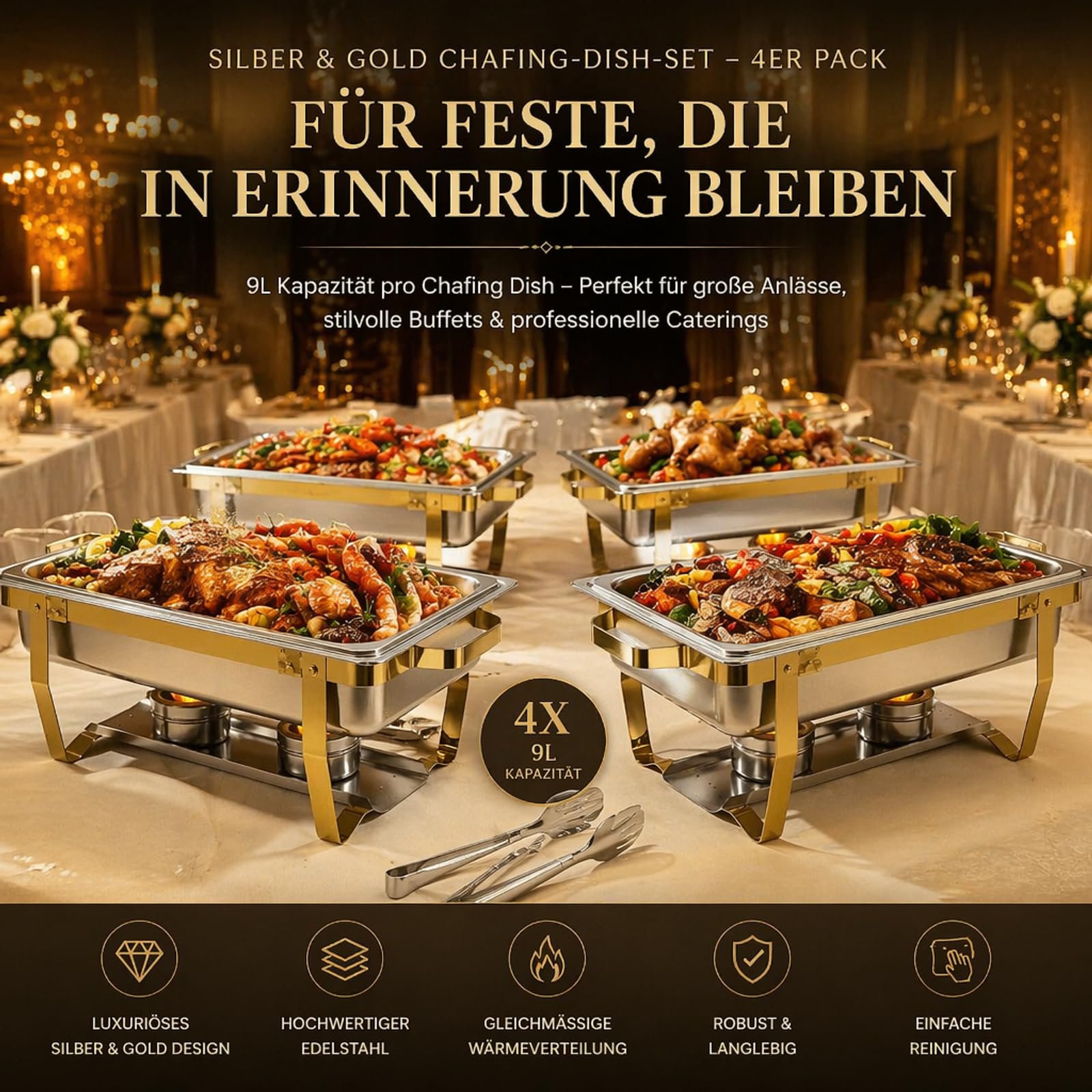 Set scalda buffet in acciaio inox 4L + 9L con effetto oro – 2 in 1 Chafing Dish professionale per catering ed eventi, pieghevole, antiruggine, con controllo della temperatura e supporto del