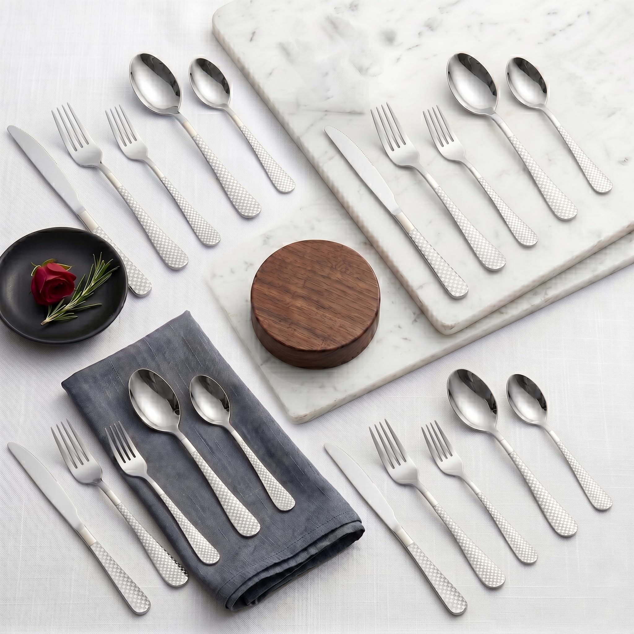KitchAntique Sterling Silver Silverware Set | Satin Finish 20-Piece Flatware Set with Unique Checks Printed Handle | Dis