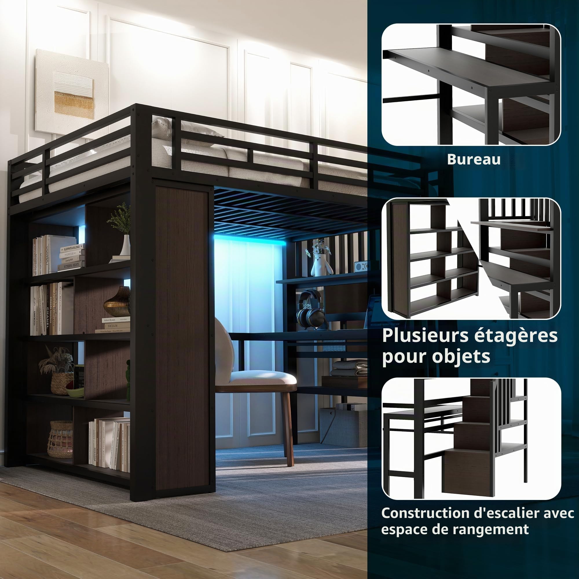 Lit Mezzanine 140x200 cm, avec Bureau, Étagères de Rangement, Escalier avec espace de rangement – Structure en Métal et Panneaux MDF – Gain de Place pour Chambre d'Enfant, Ado ou Étudiant, Noir