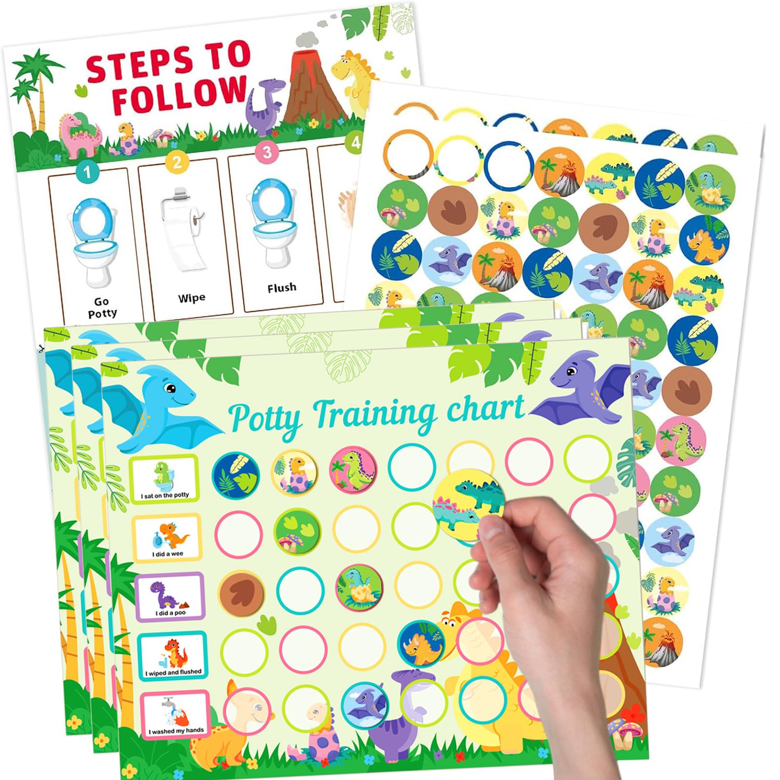 Potty Training Reward Chart, KAMHBE Potty Training Chart for Toddlers Boys Girls - Potty Chart with Stickers Toilet Training Reward Chart Develop Toileting Habit (N-Dinosaur)